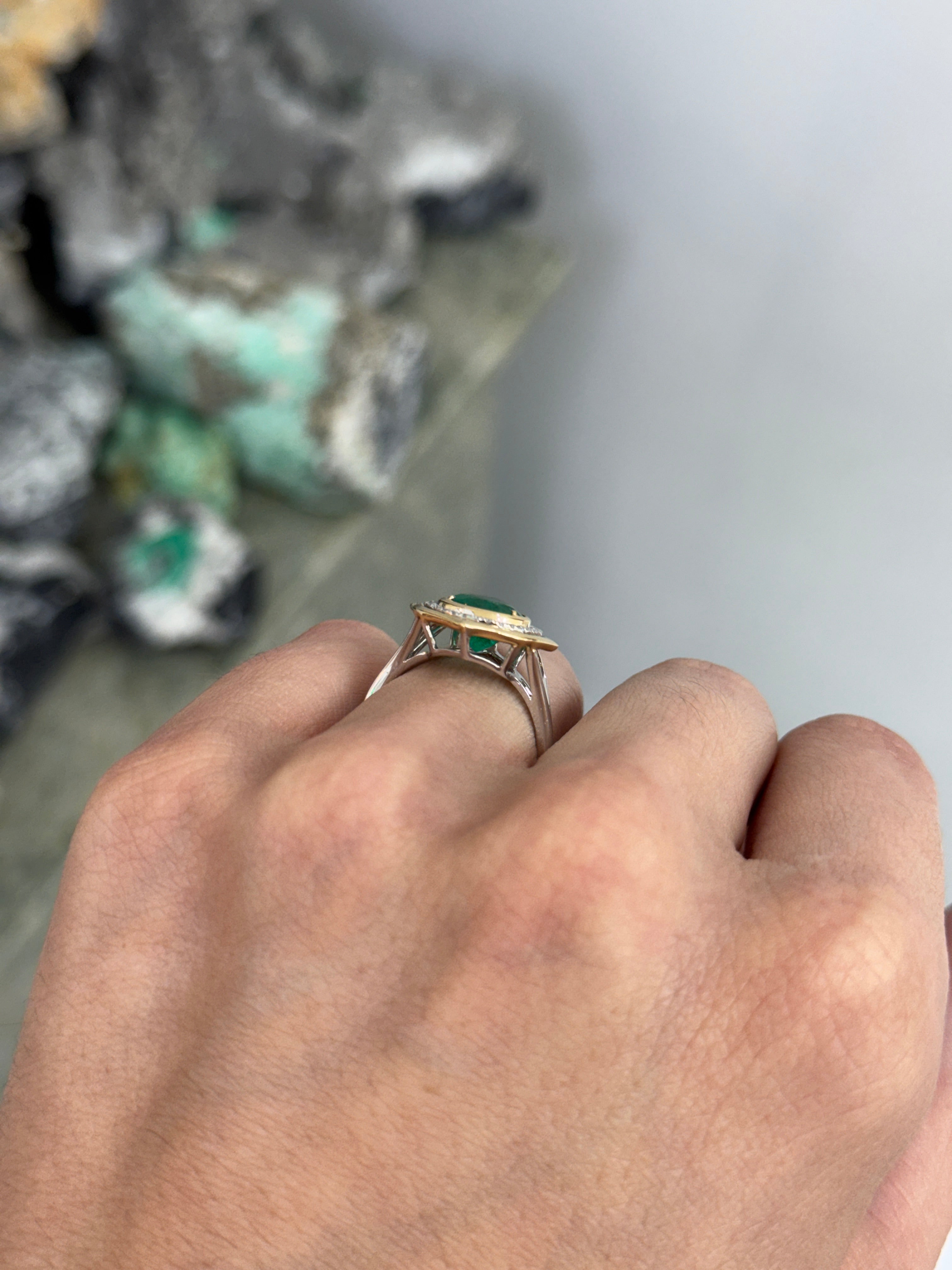 2.19tcw Chunky Natural Pear Emerald & Diamond Halo 14K & Platinum Split Shank Statement Ring