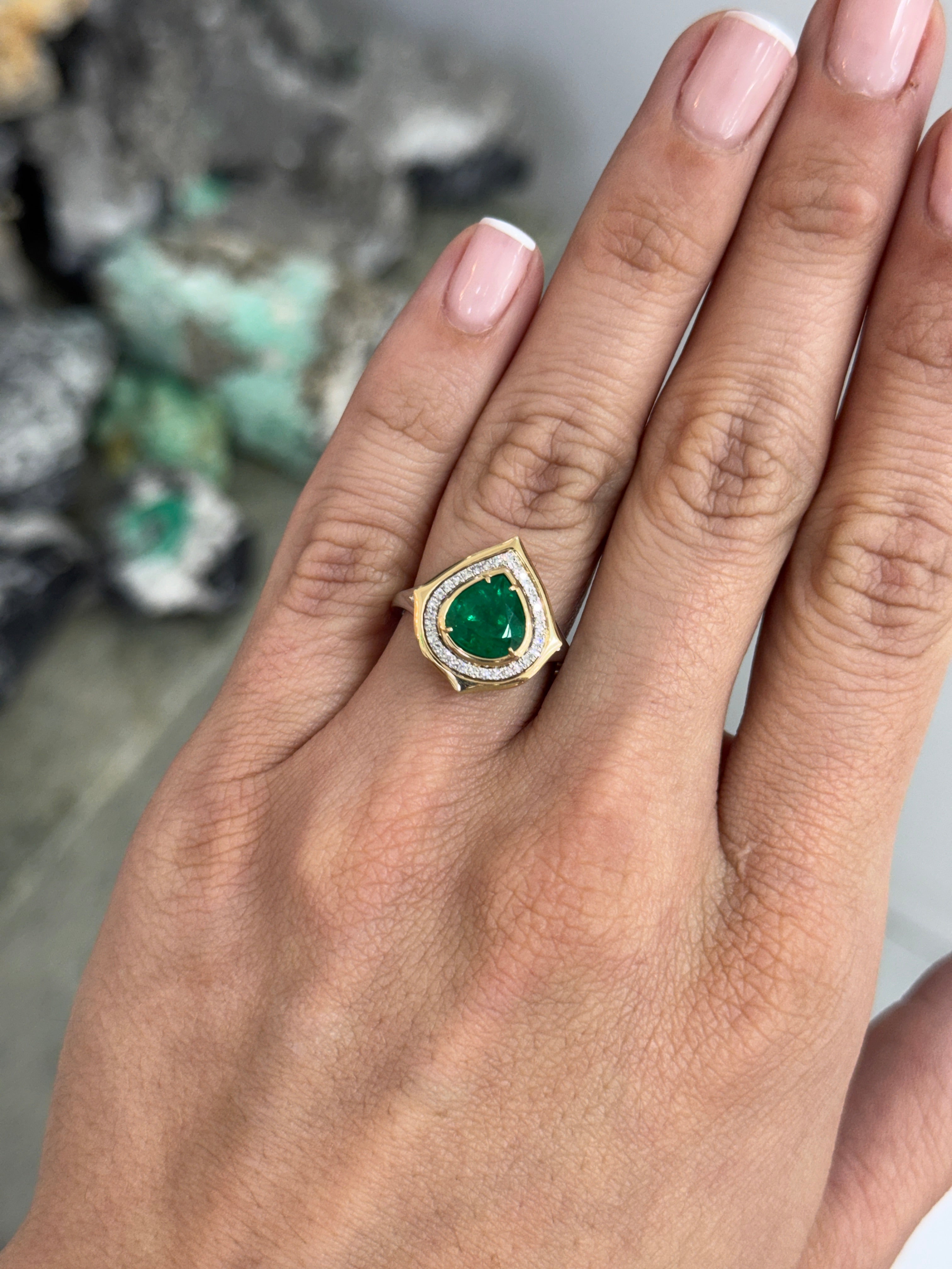 2.19tcw Chunky Natural Pear Emerald & Diamond Halo 14K & Platinum Split Shank Statement Ring