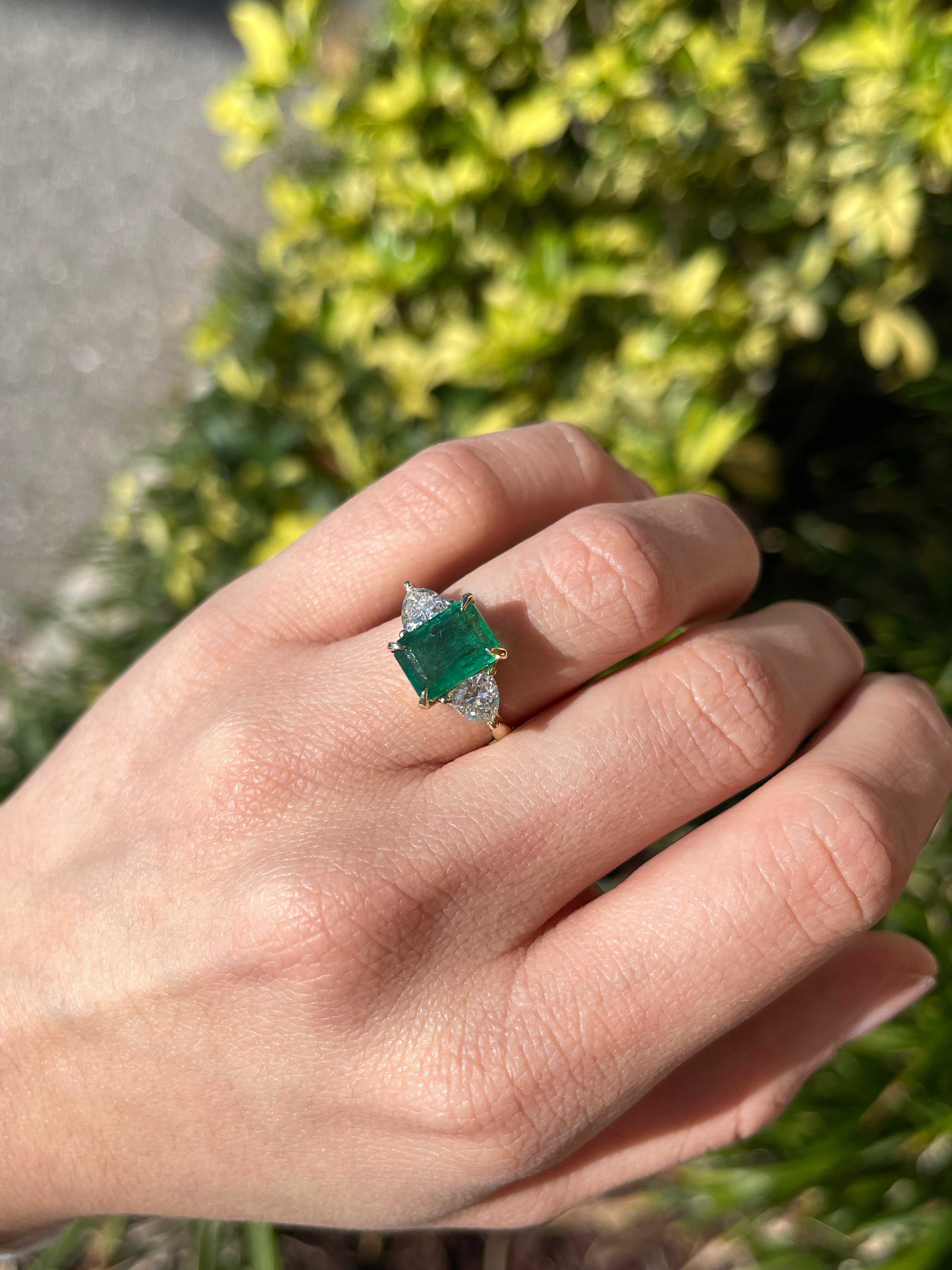 4.11tcw Natural Emerald & Lab Diamond Trillion Three Stone Ring 14K - JR Colombian Emeralds