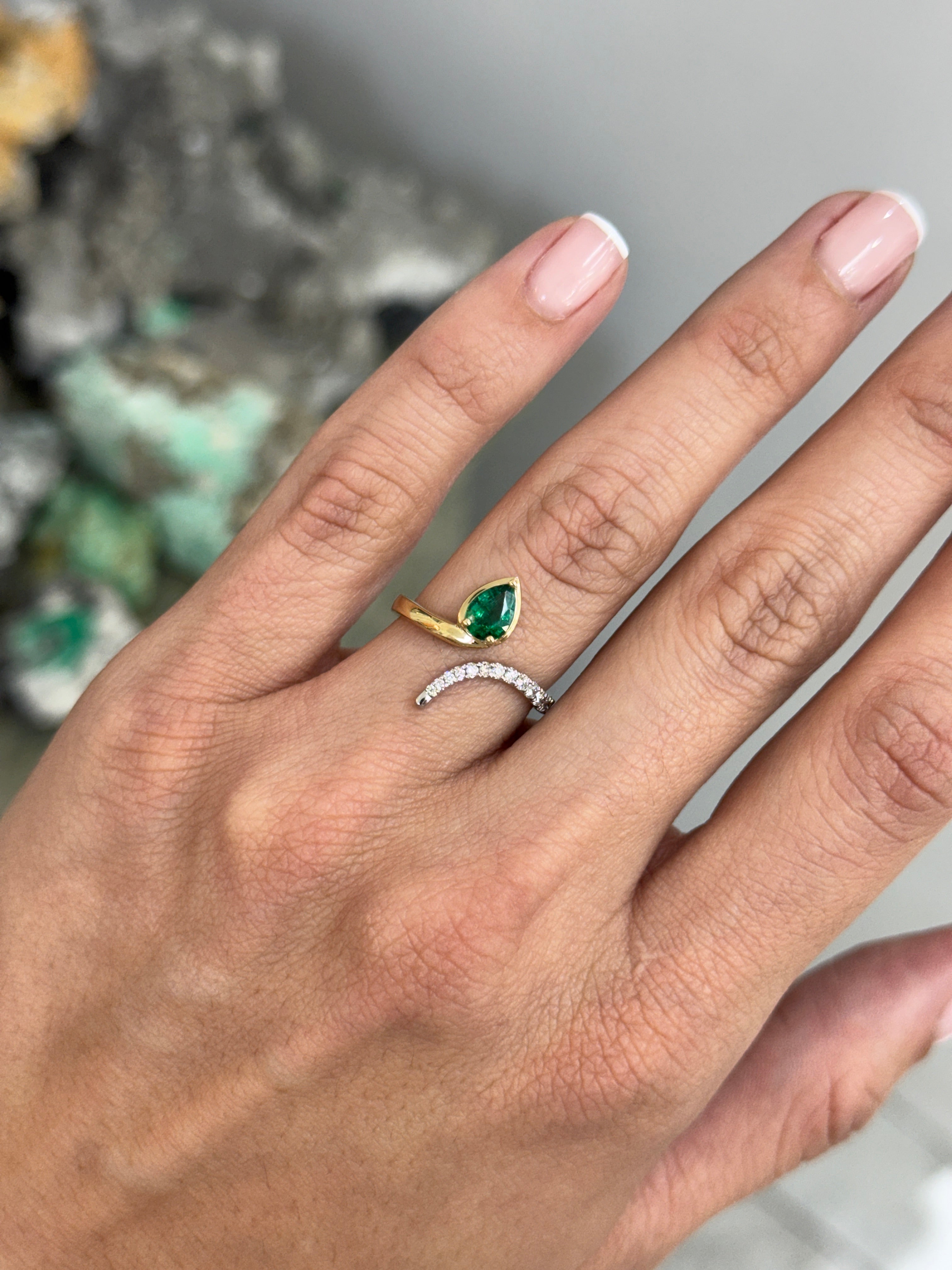 Serpent Pear Cut Emerald & Diamond Accent Bypass Ring 14K/PLAT