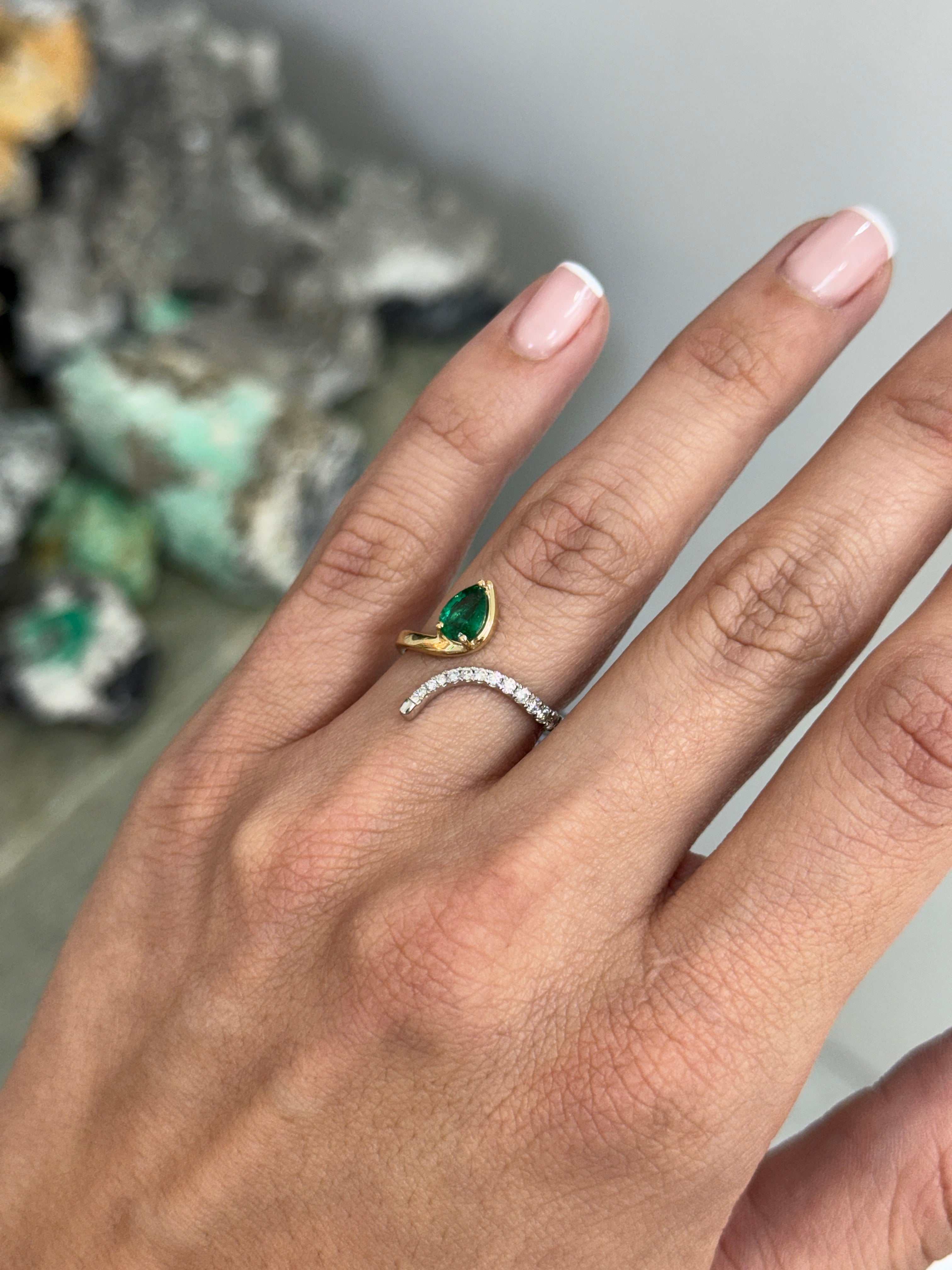 Serpent Pear Cut Emerald & Diamond Accent Bypass Ring 14K/PLAT