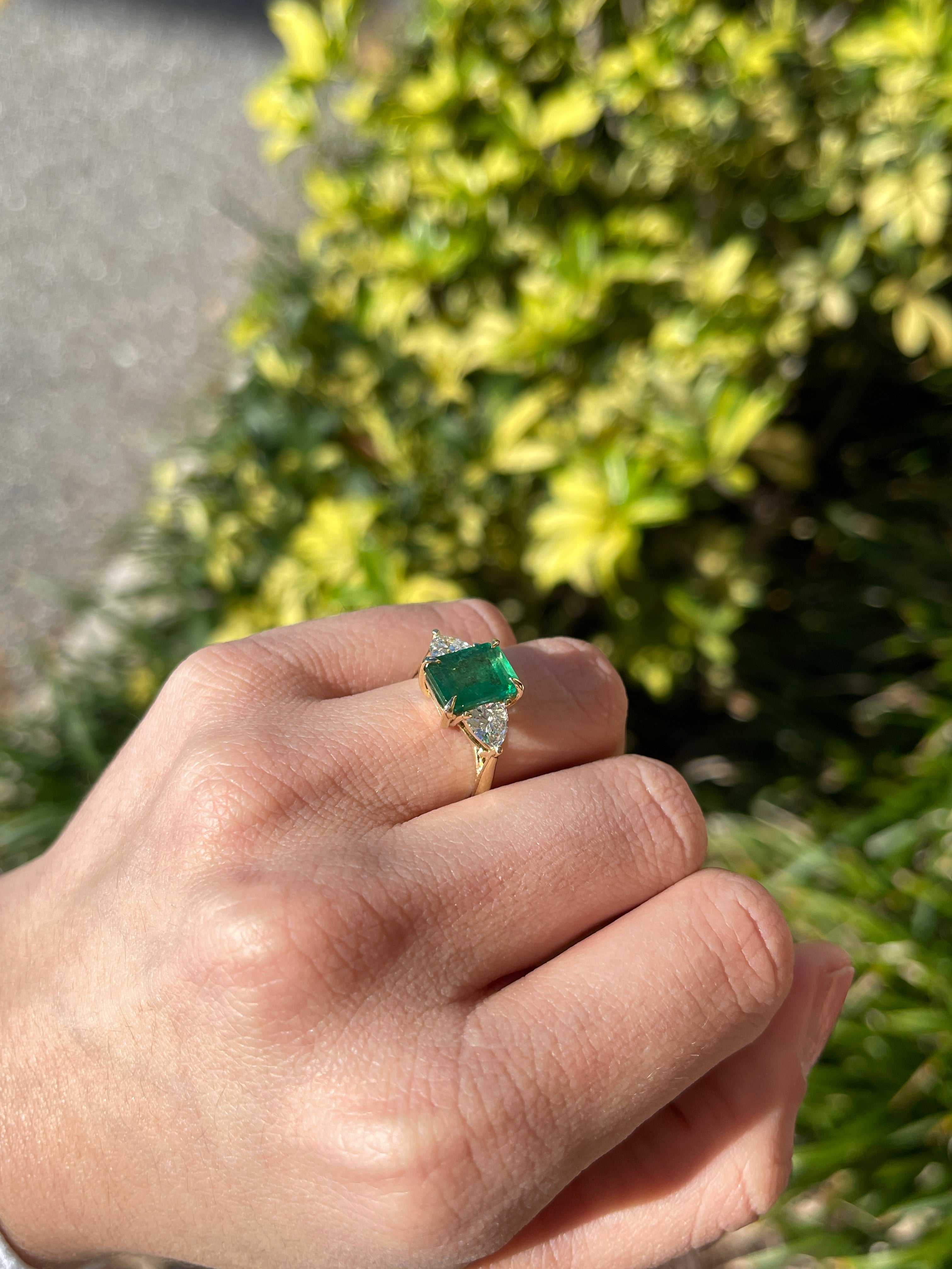 4.11tcw Natural Emerald & Lab Diamond Trillion Three Stone Ring 14K - JR Colombian Emeralds