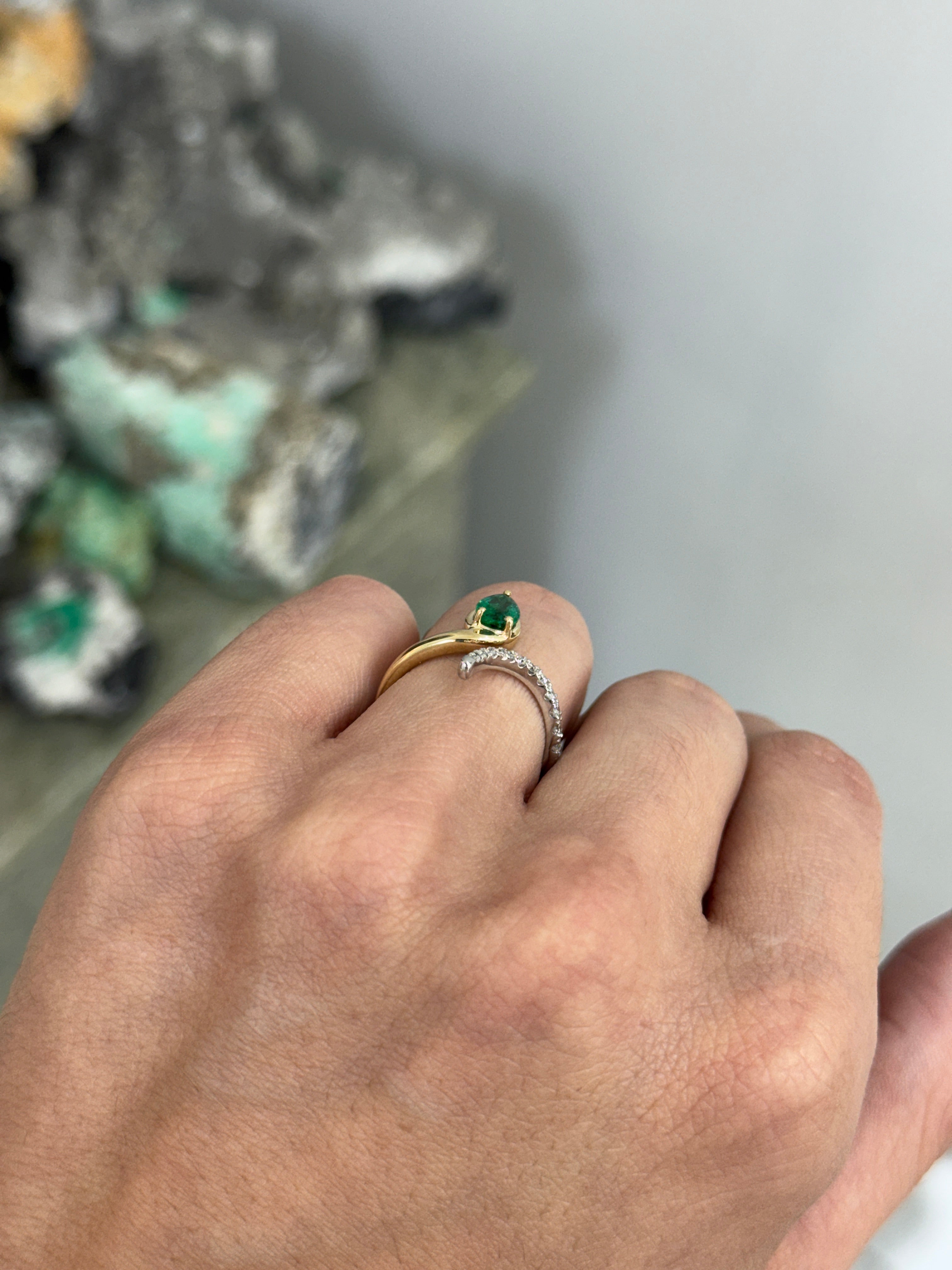 Serpent Pear Cut Emerald & Diamond Accent Bypass Ring 14K/PLAT