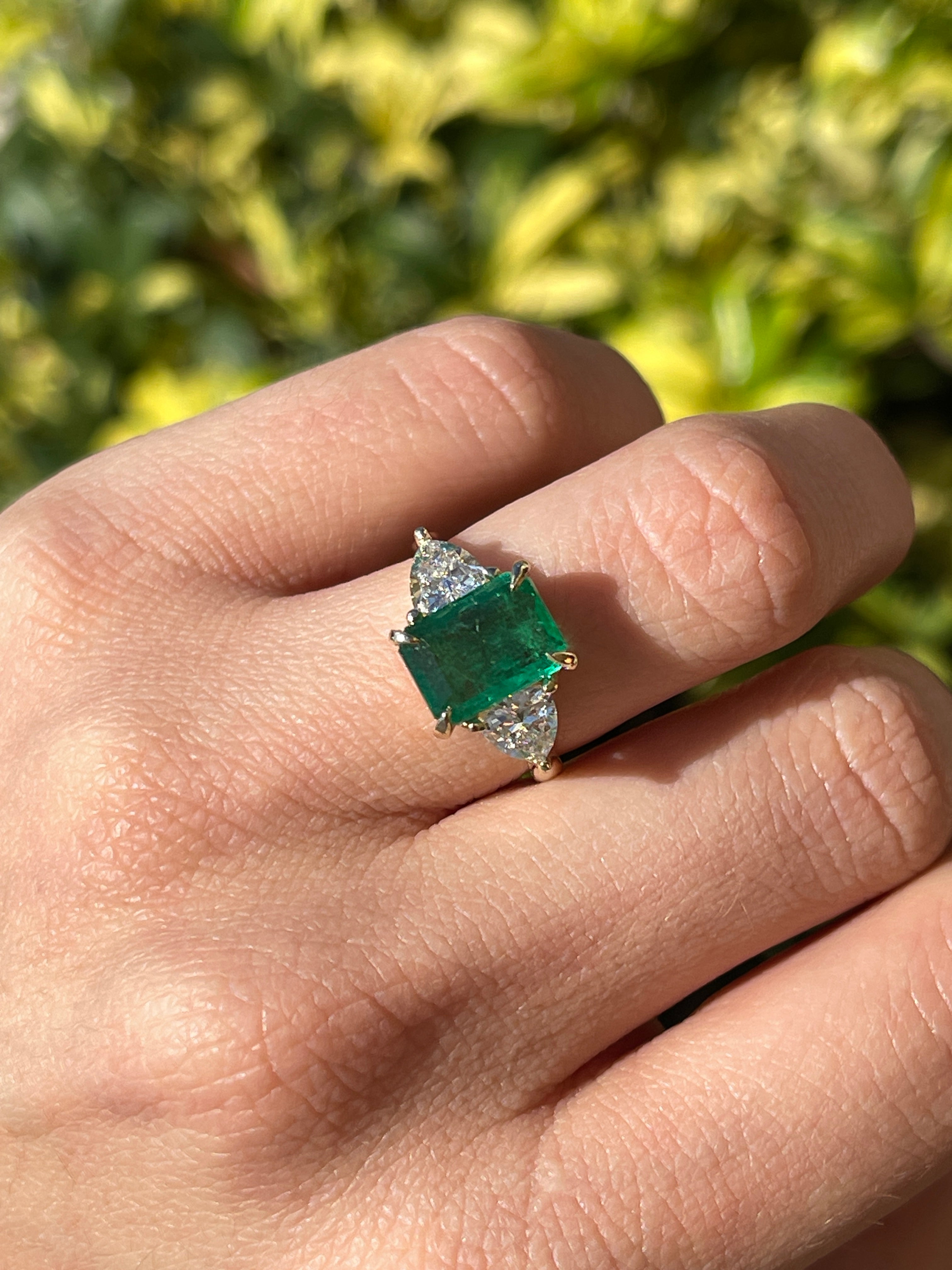4.11tcw Natural Emerald & Lab Diamond Trillion Three Stone Ring 14K