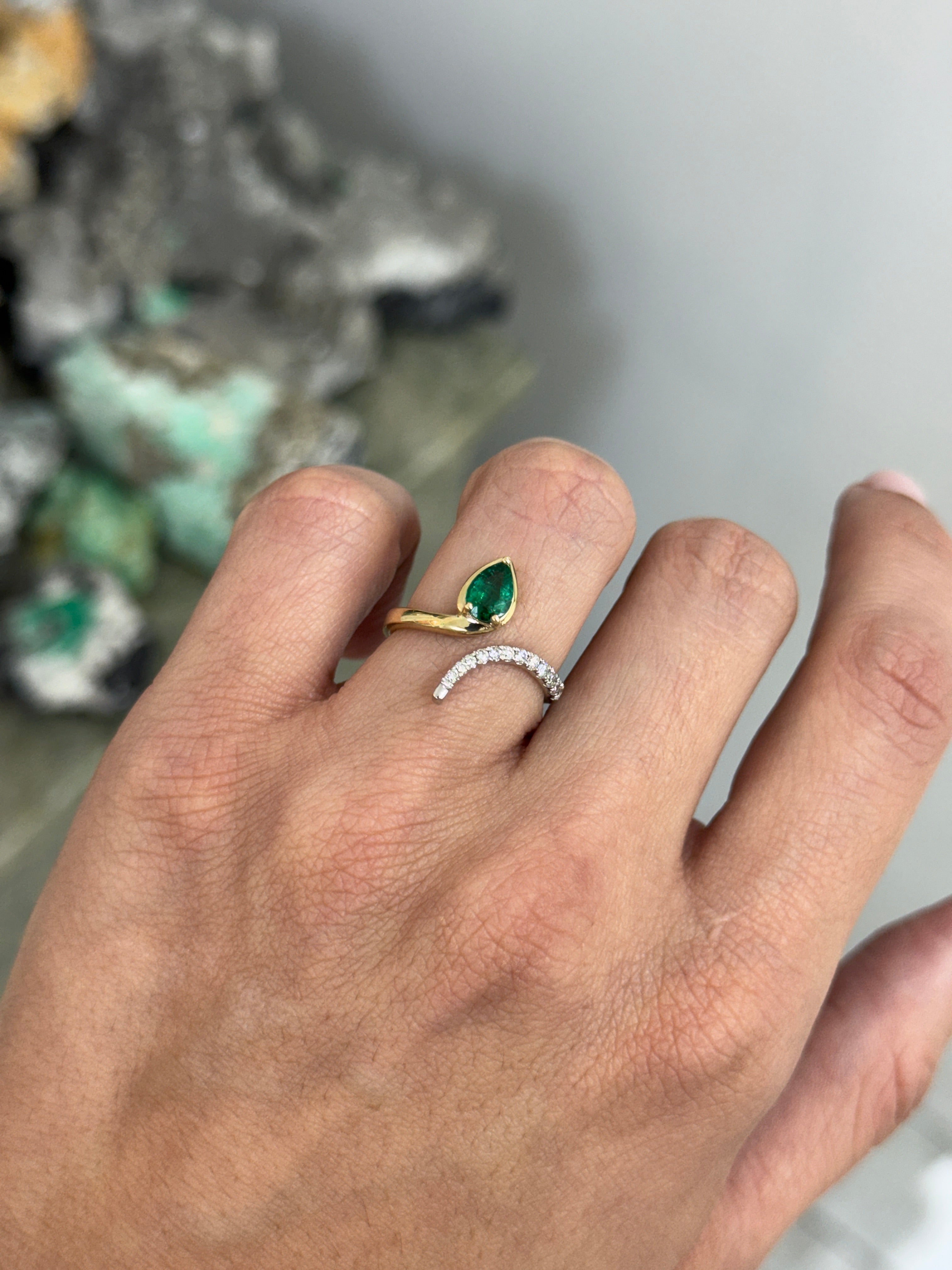 Serpent Pear Cut Emerald & Diamond Accent Bypass Ring 14K/PLAT