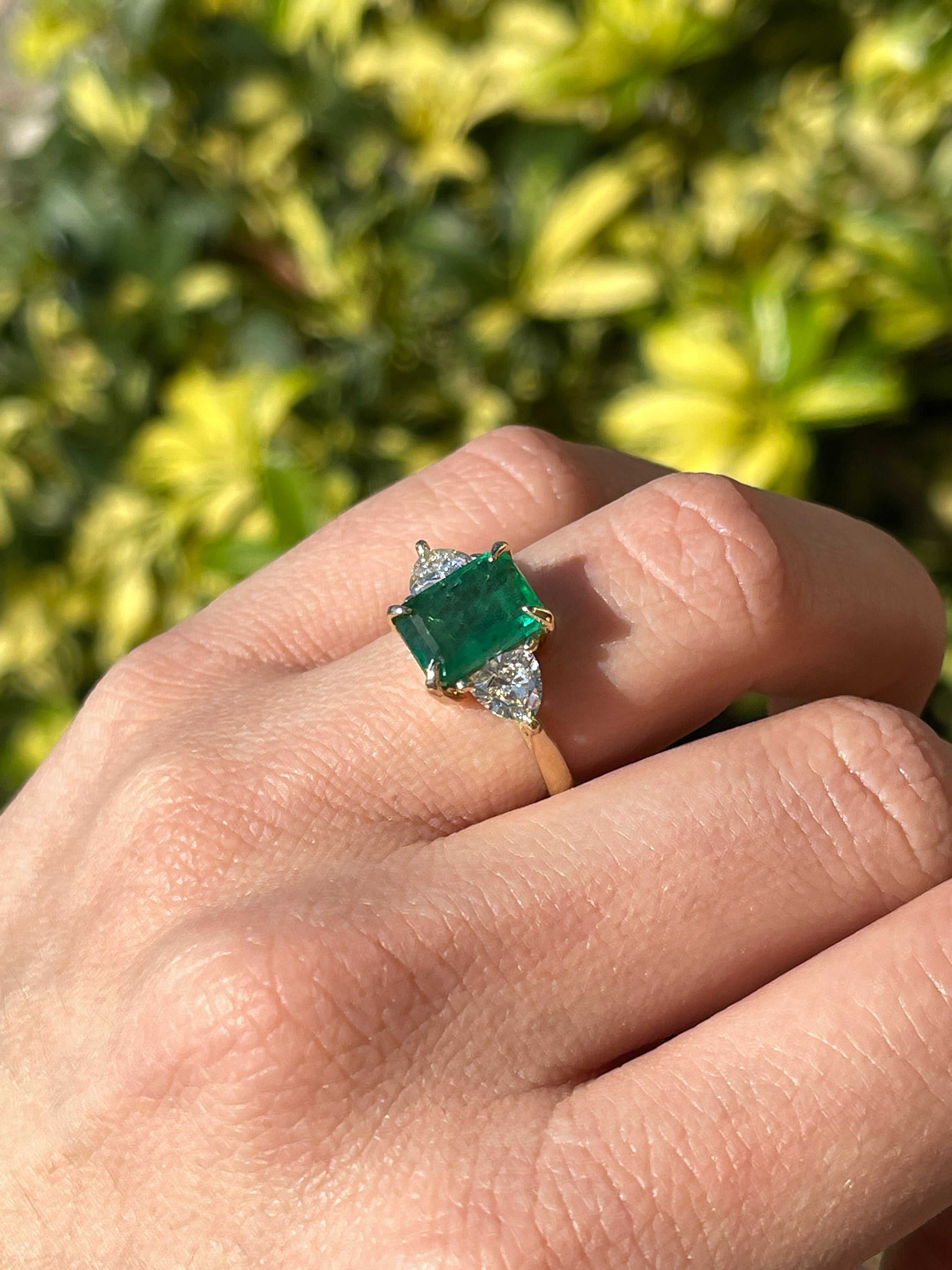 4.11tcw Natural Emerald & Lab Diamond Trillion Three Stone Ring 14K - JR Colombian Emeralds