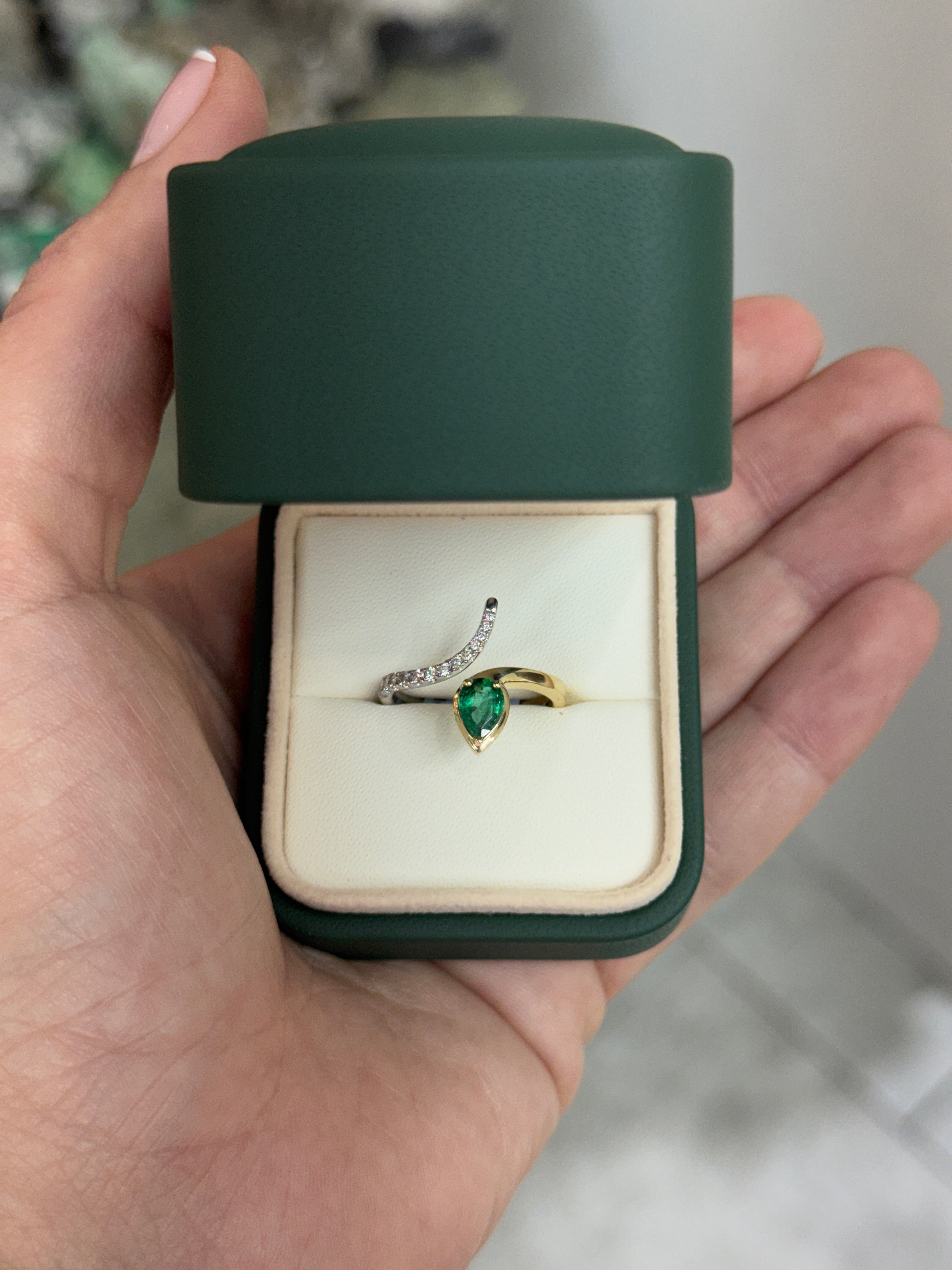 Serpent Pear Cut Emerald & Diamond Accent Bypass Ring 14K/PLAT