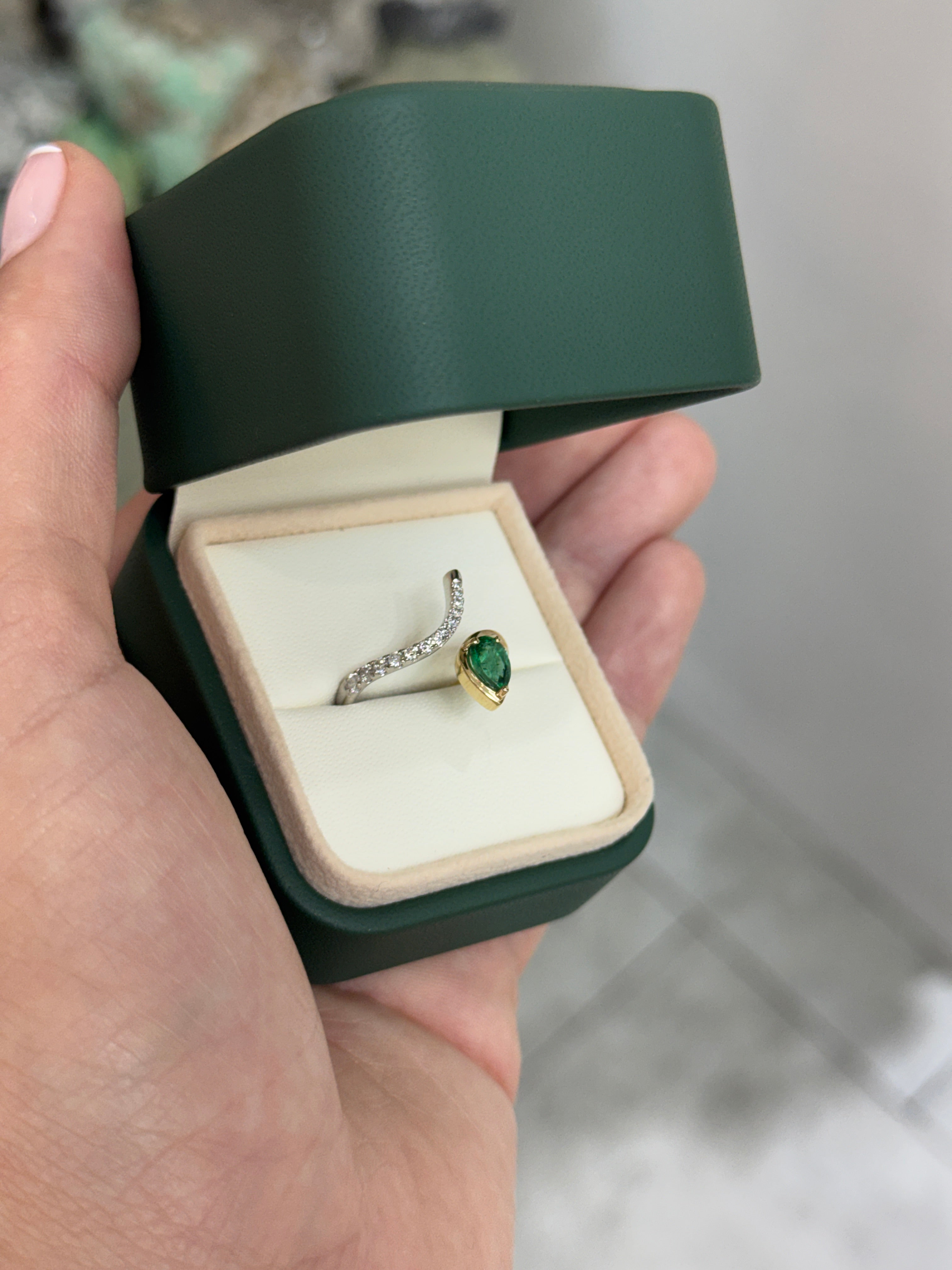 Serpent Pear Cut Emerald & Diamond Accent Bypass Ring 14K/PLAT