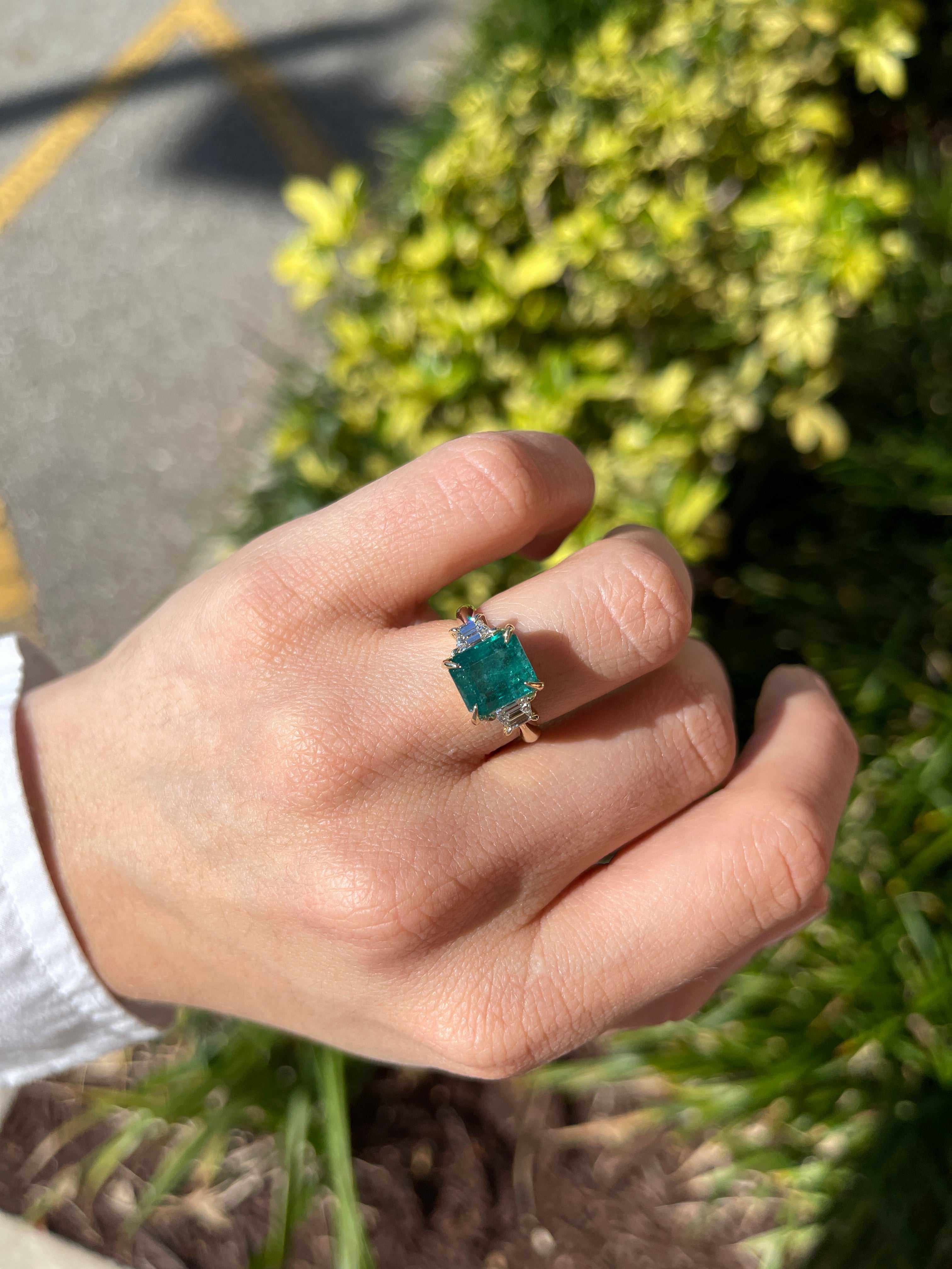 5.03tcw Natural Emerald & Trapezoid Lab Diamond Three Stone Ring 14K - JR Colombian Emeralds