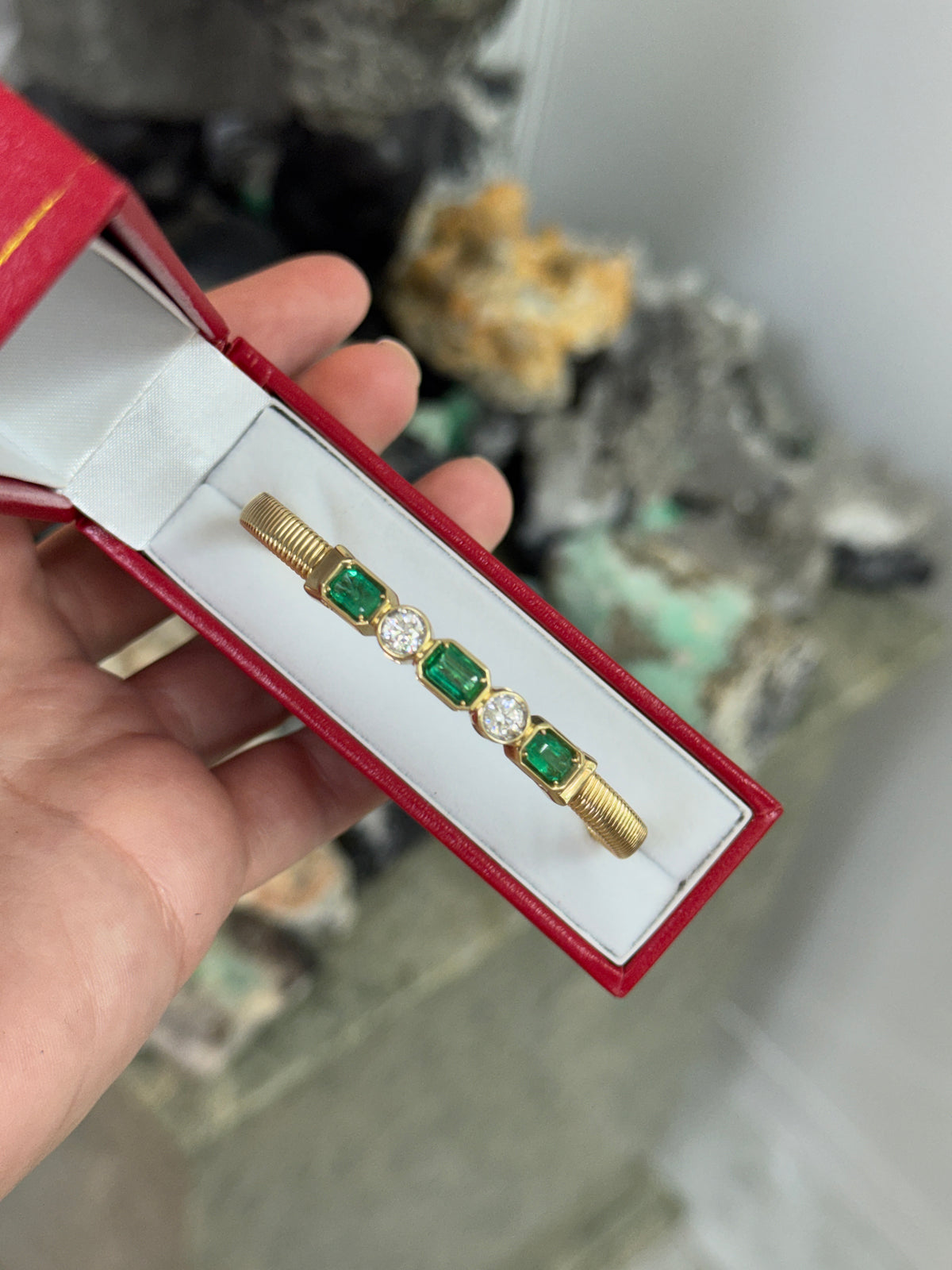 JR Colombian Emeralds 14K bangle bracelet with emerald-cut emeralds and round diamonds, 2.30 tcw alternating design