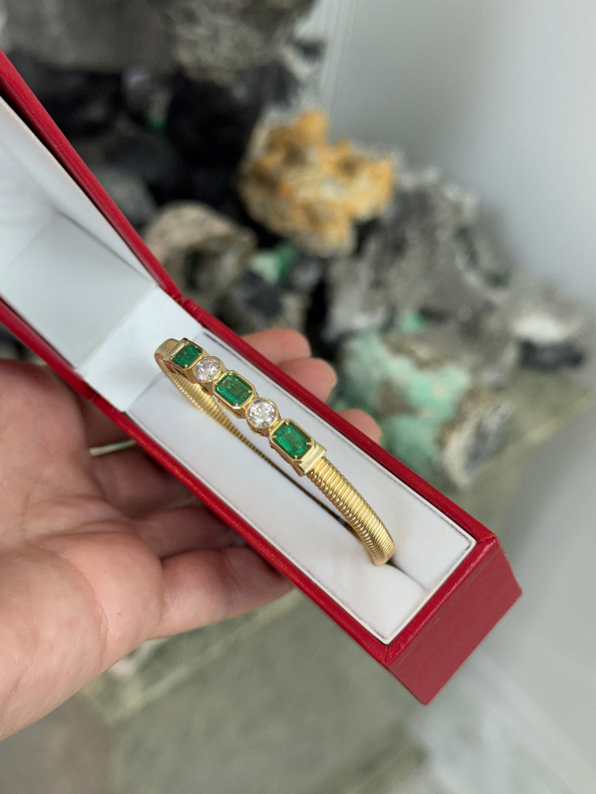 JR Colombian Emeralds 14K emerald and round diamond alternating bangle bracelet, 2.30tcw emerald cut design