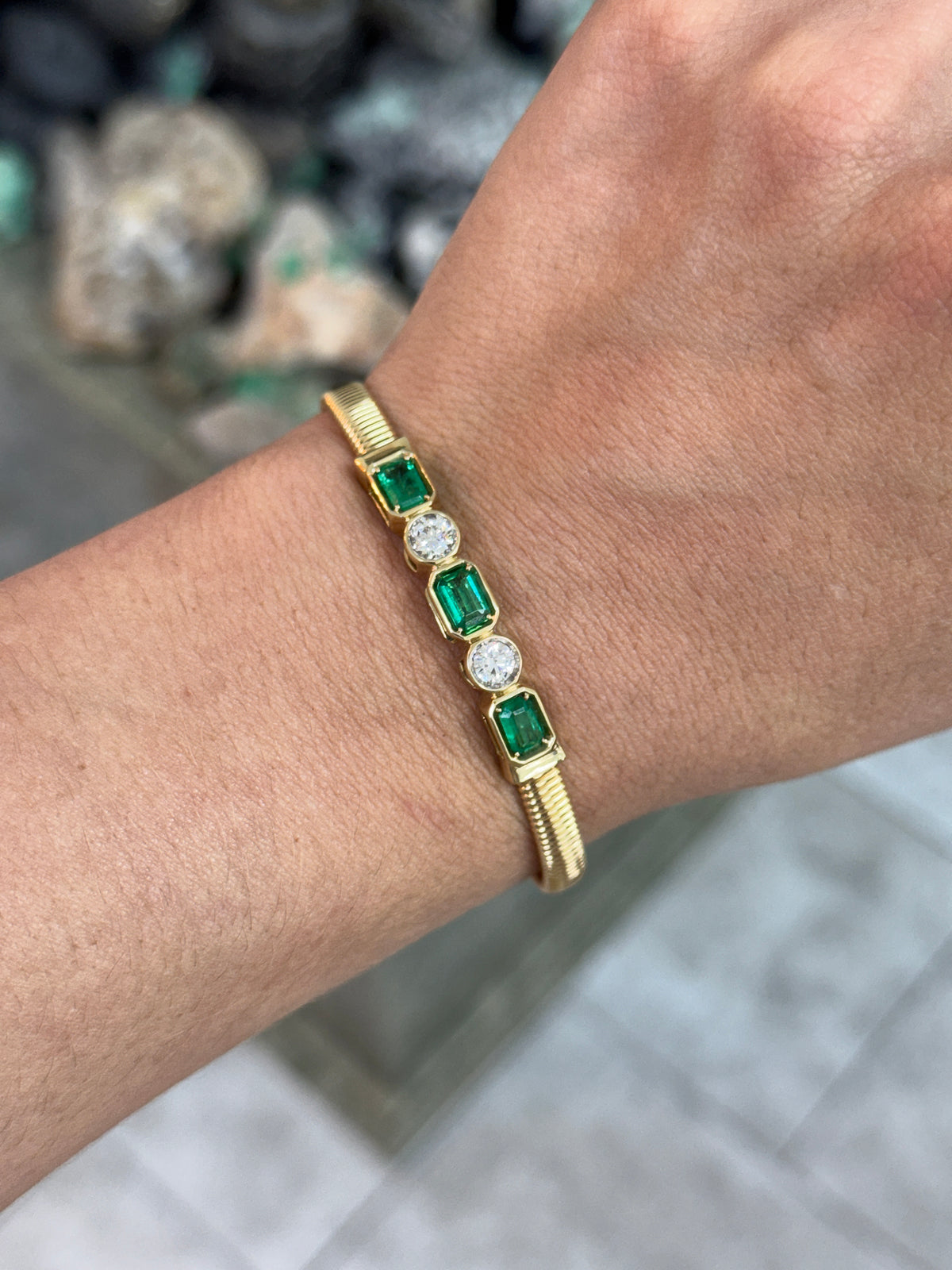 JR Colombian Emeralds 14K bangle bracelet with emerald-cut emeralds and round diamonds, 2.30 TCW alternating design