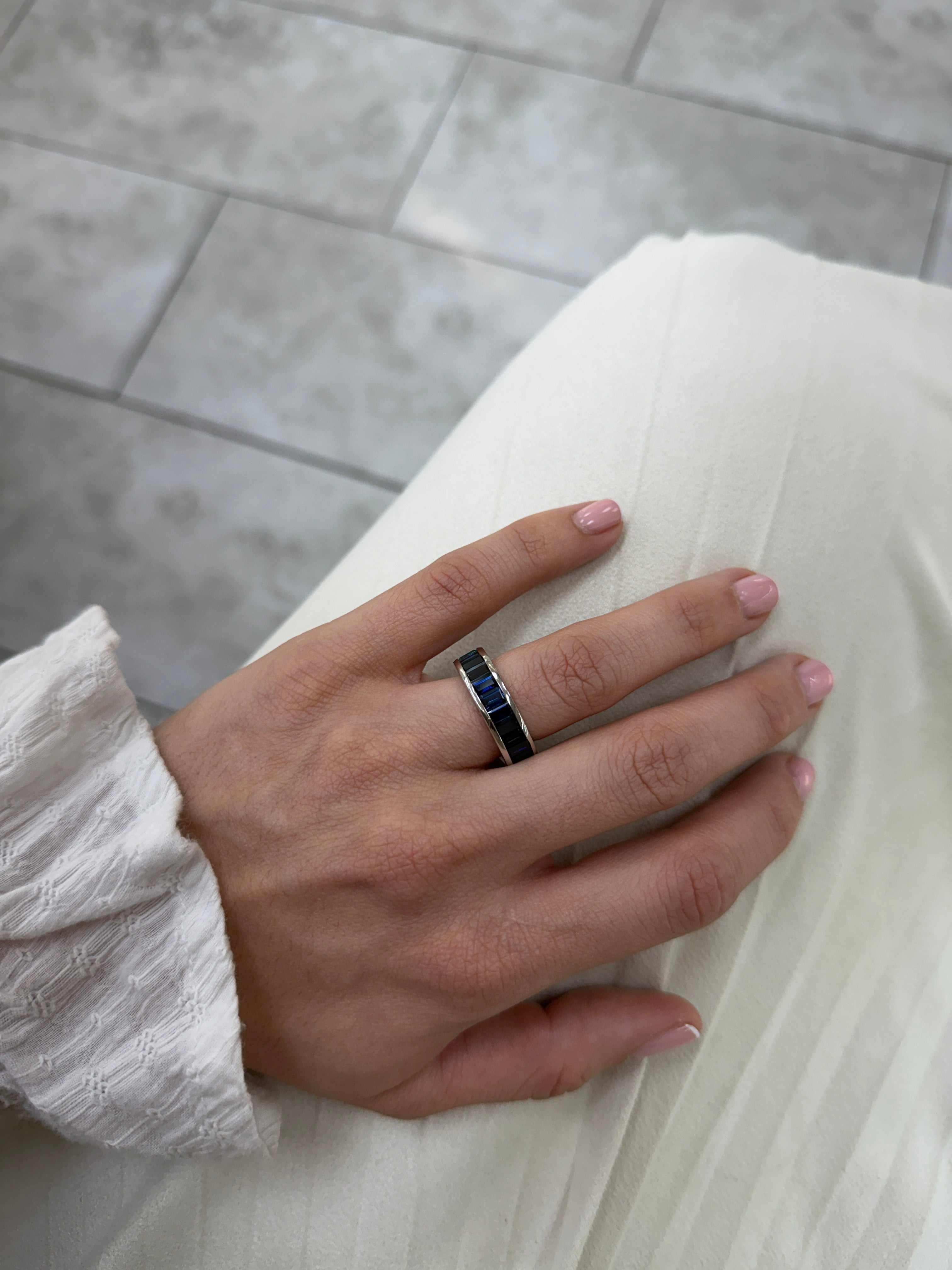 10.05tcw Platinum AAA+ Baguette Colombian Emerald & Blue Sapphire Channel Set Eternity Band- Size 7