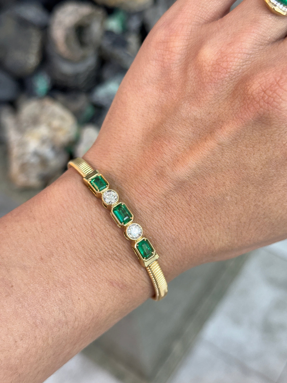 JR Colombian Emeralds 14K emerald cut emerald and round diamond alternating bangle bracelet, 2.30 total carats