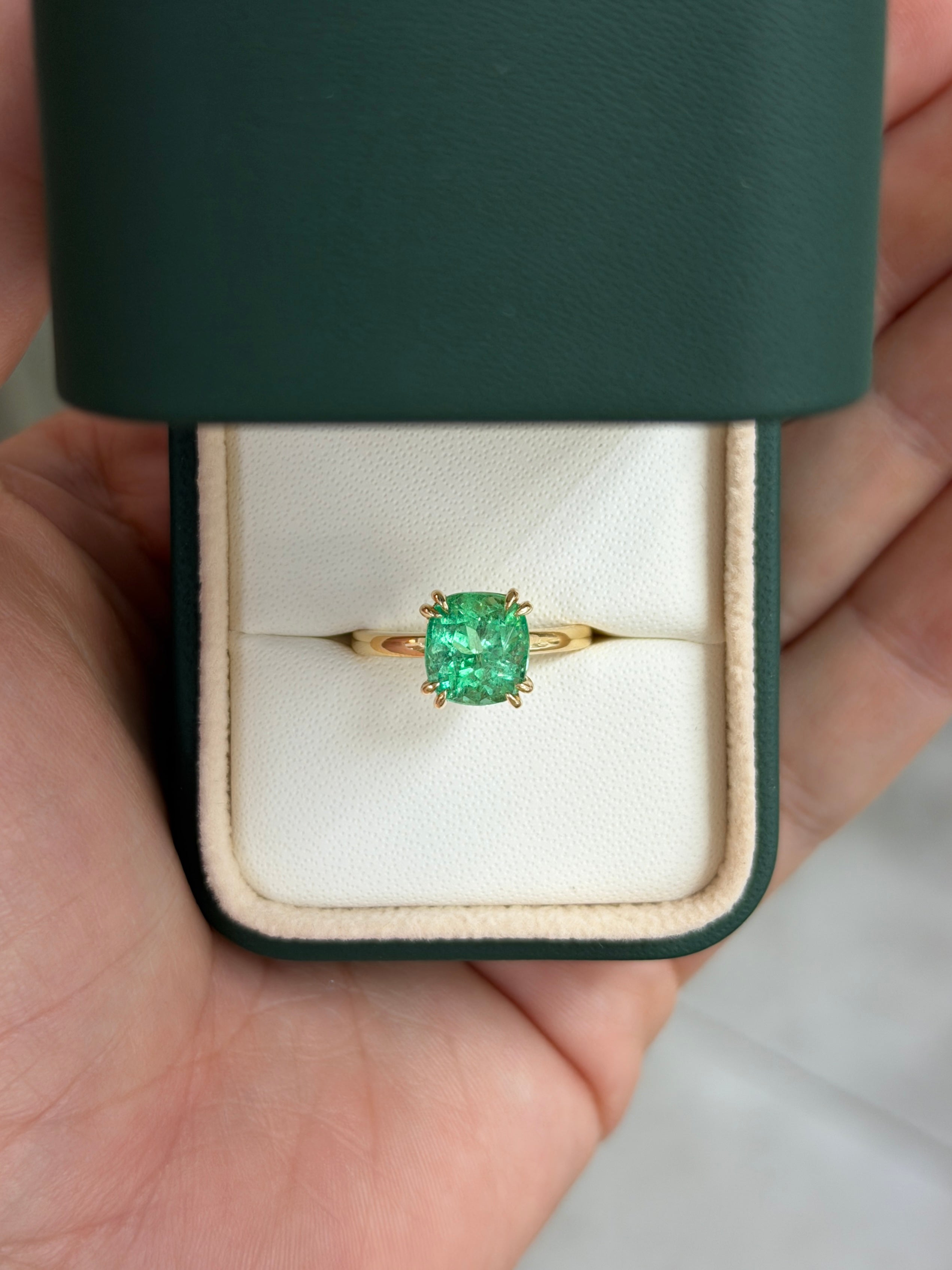 3.25 Carat Glowing Cushion Cut Colombian Emerald Double Prong Solitaire Ring 18K