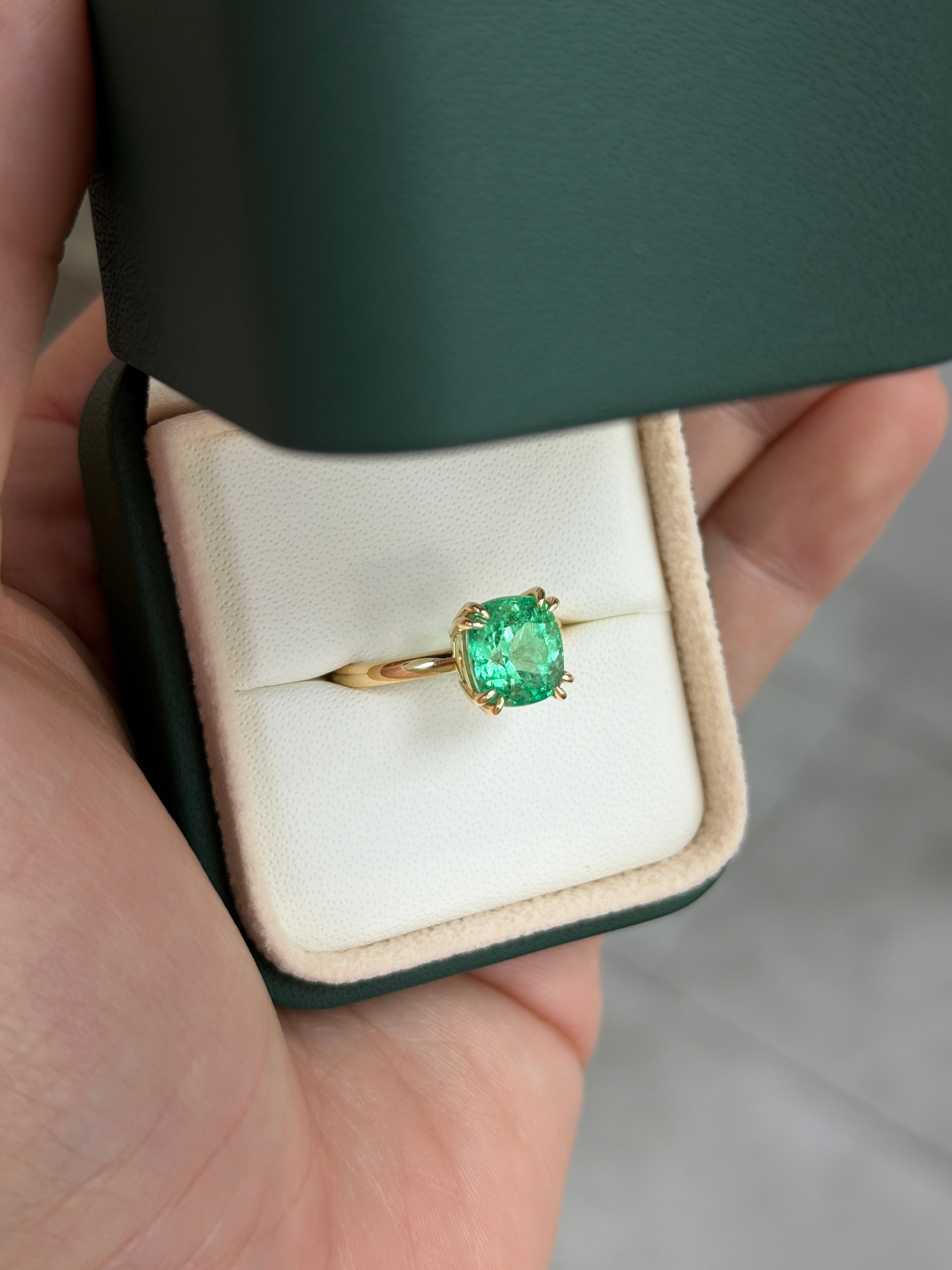 3.25 Carat Glowing Cushion Cut Colombian Emerald Double Prong Solitaire Ring 18K