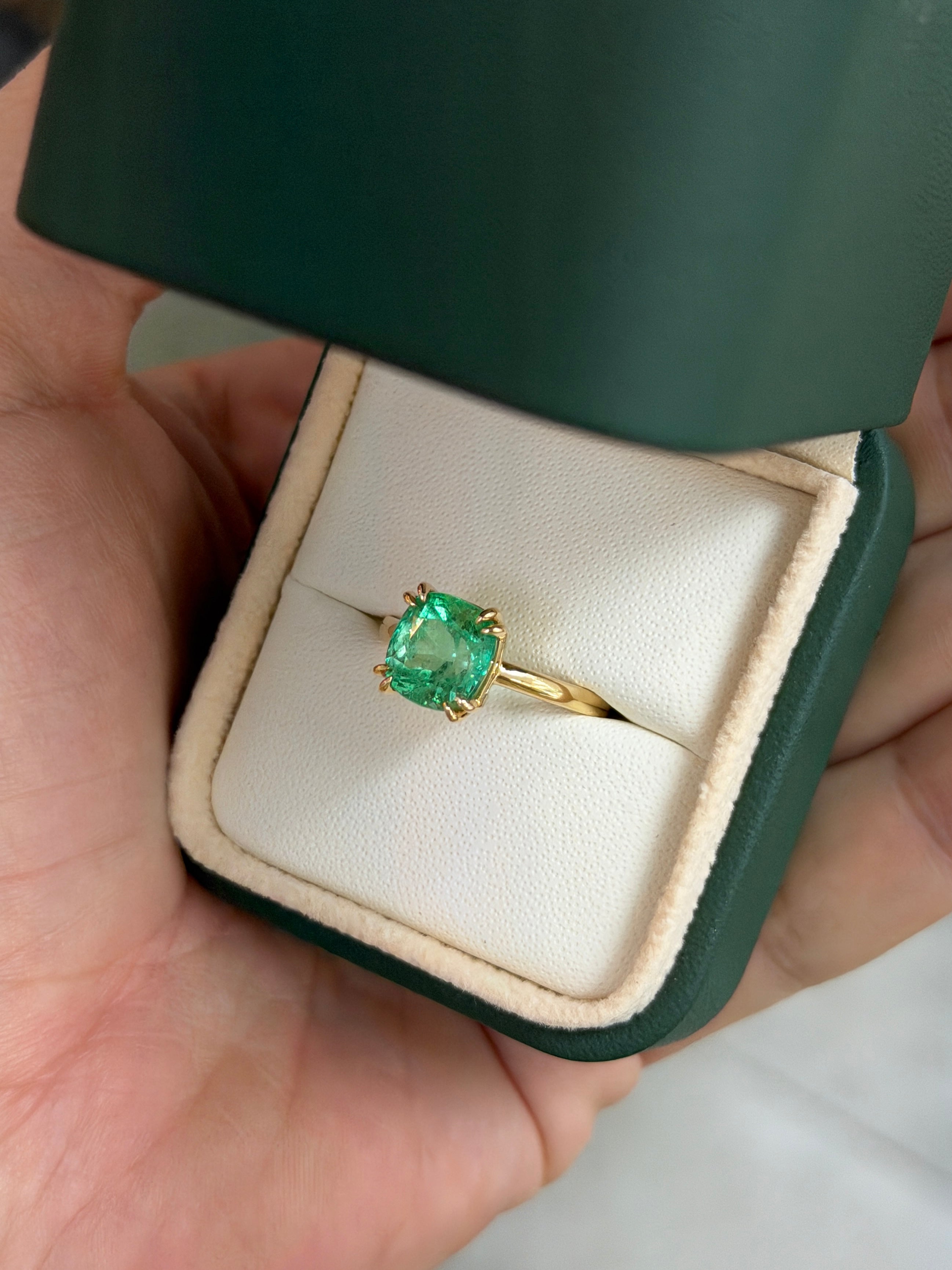 3.25 Carat Glowing Cushion Cut Colombian Emerald Double Prong Solitaire Ring 18K