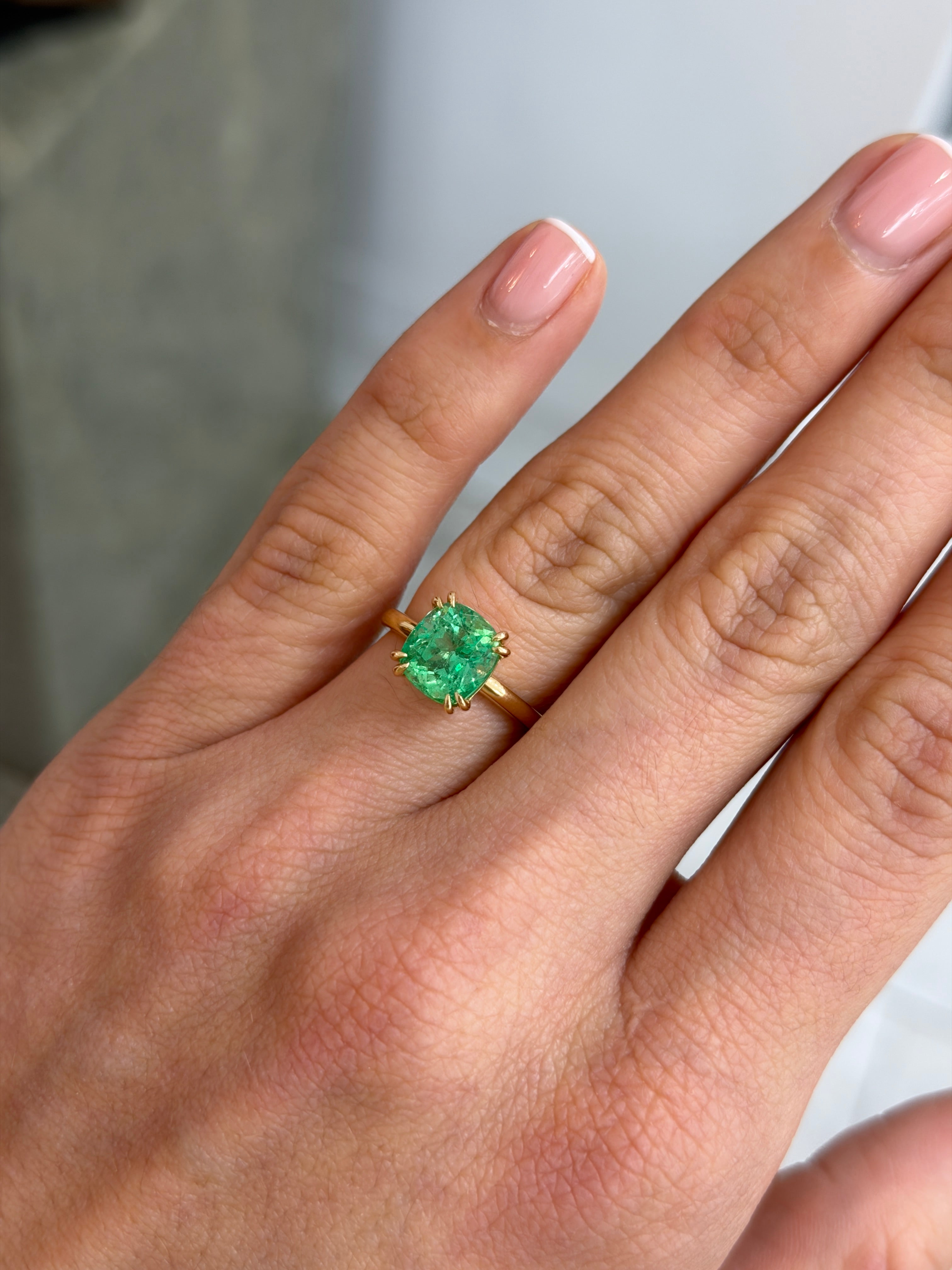 3.25 Carat Glowing Cushion Cut Colombian Emerald Double Prong Solitaire Ring 18K