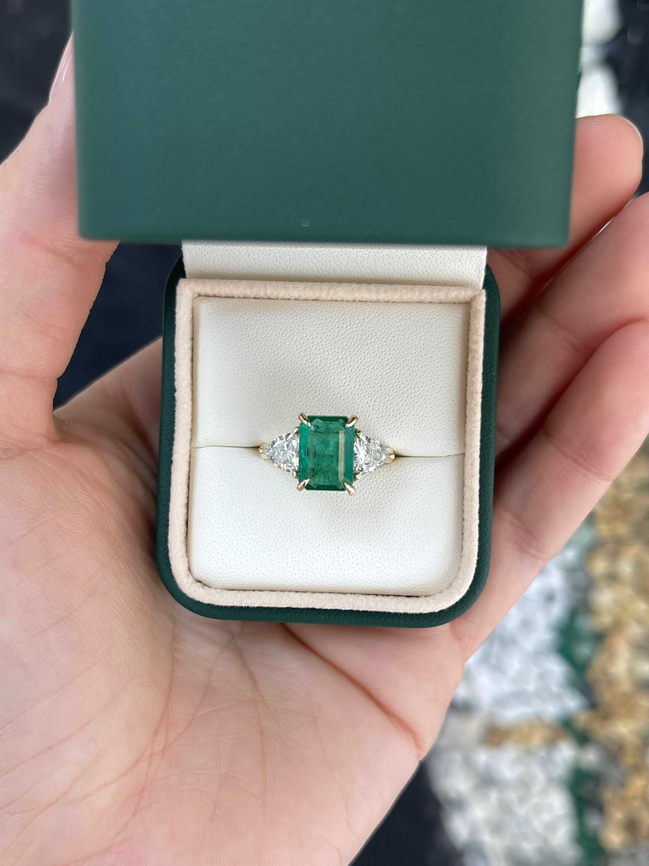 4.11tcw Natural Emerald & Lab Diamond Trillion Three Stone Ring 14K - JR Colombian Emeralds