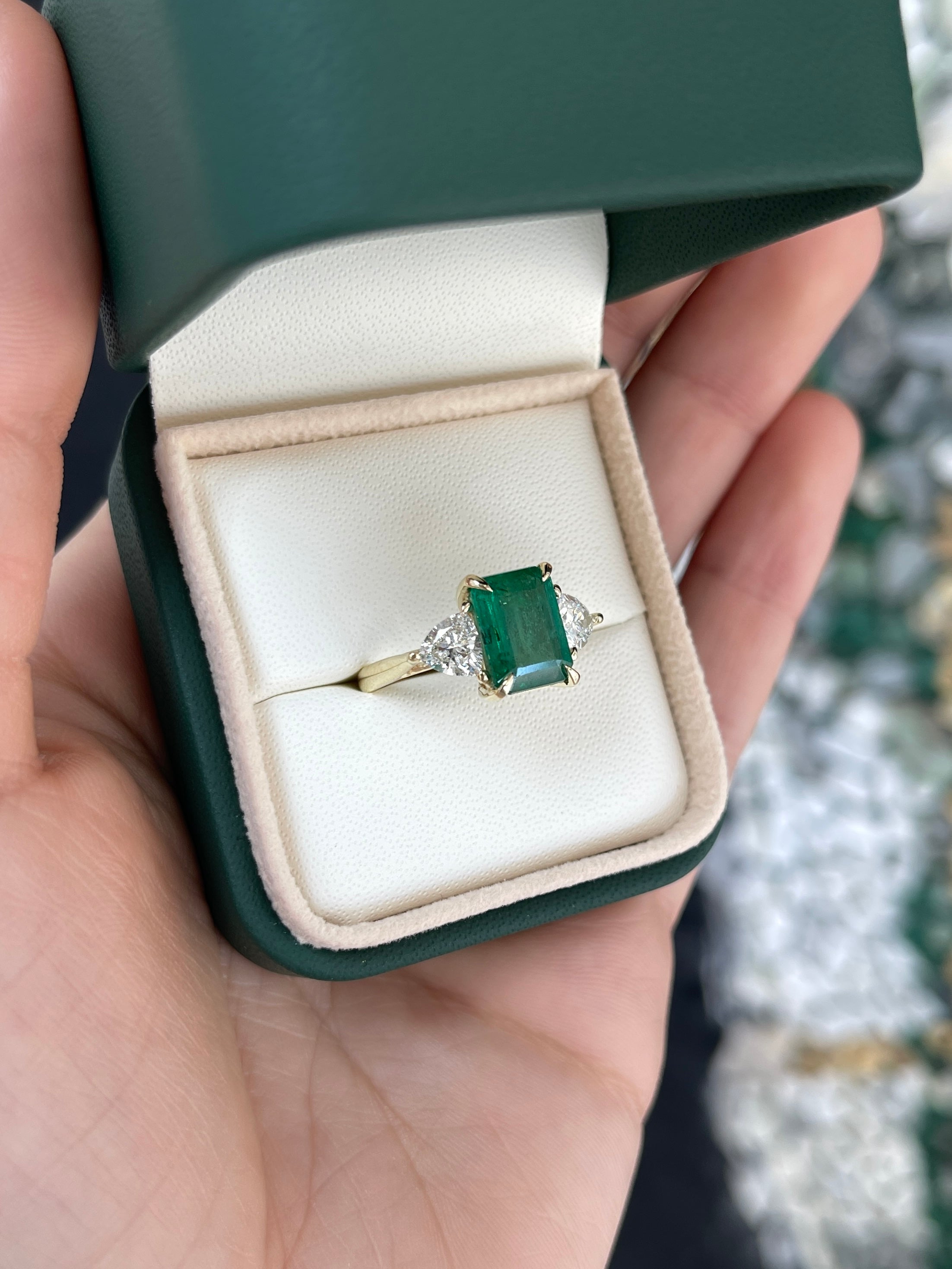 4.11tcw Natural Emerald & Lab Diamond Trillion Three Stone Ring 14K