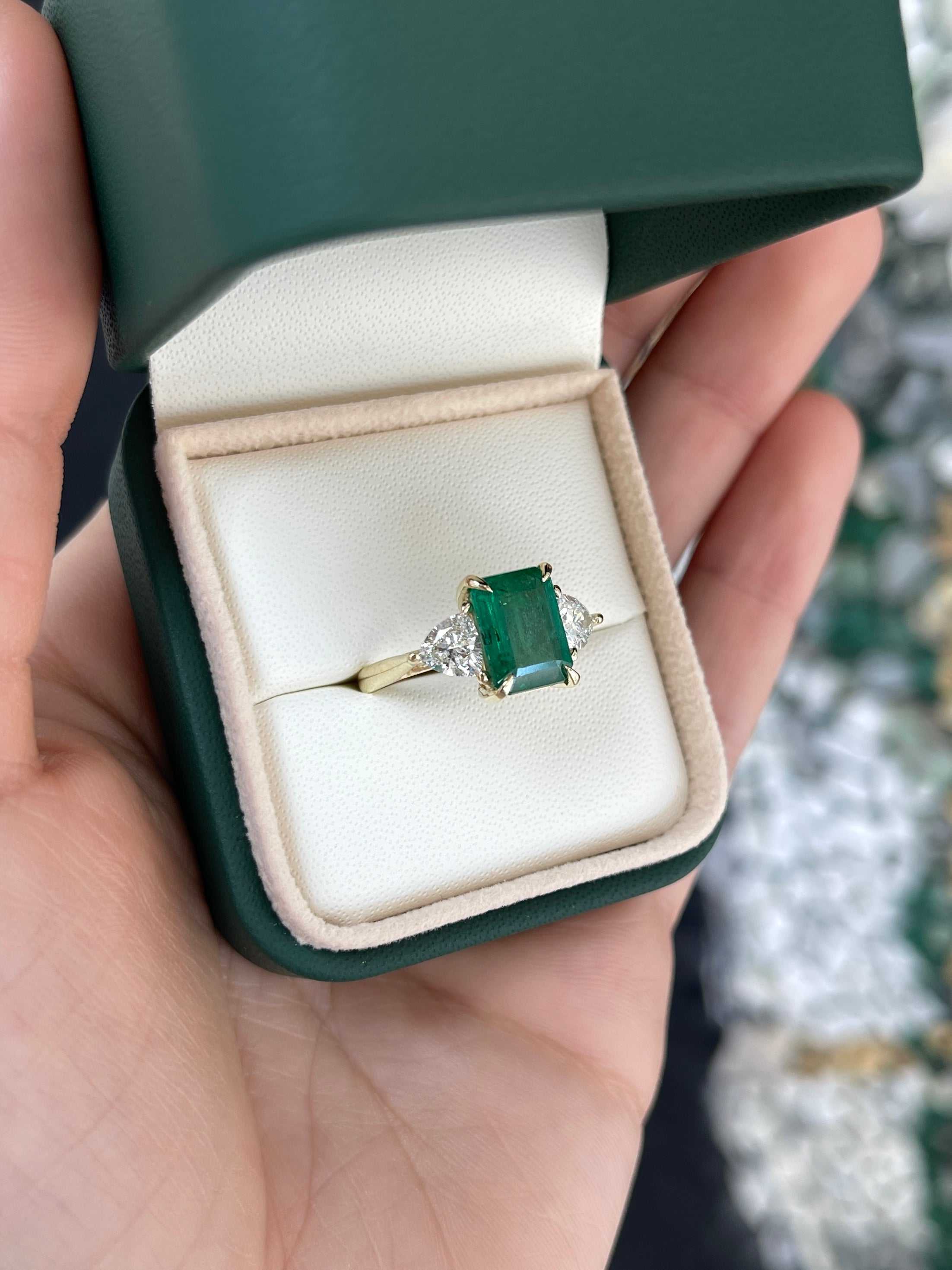 4.11tcw Natural Emerald & Lab Diamond Trillion Three Stone Ring 14K - JR Colombian Emeralds