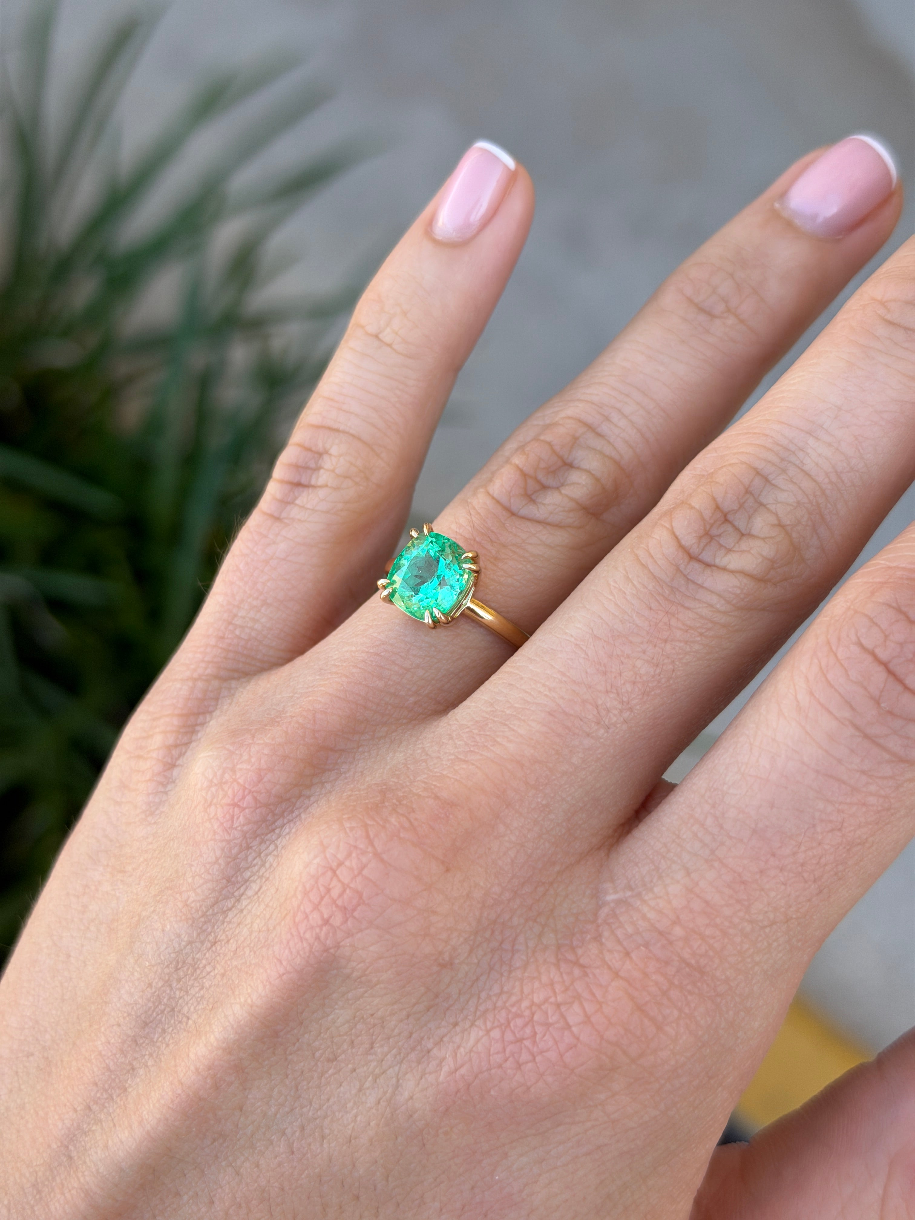 3.25 Carat Glowing Cushion Cut Colombian Emerald Double Prong Solitaire Ring 18K