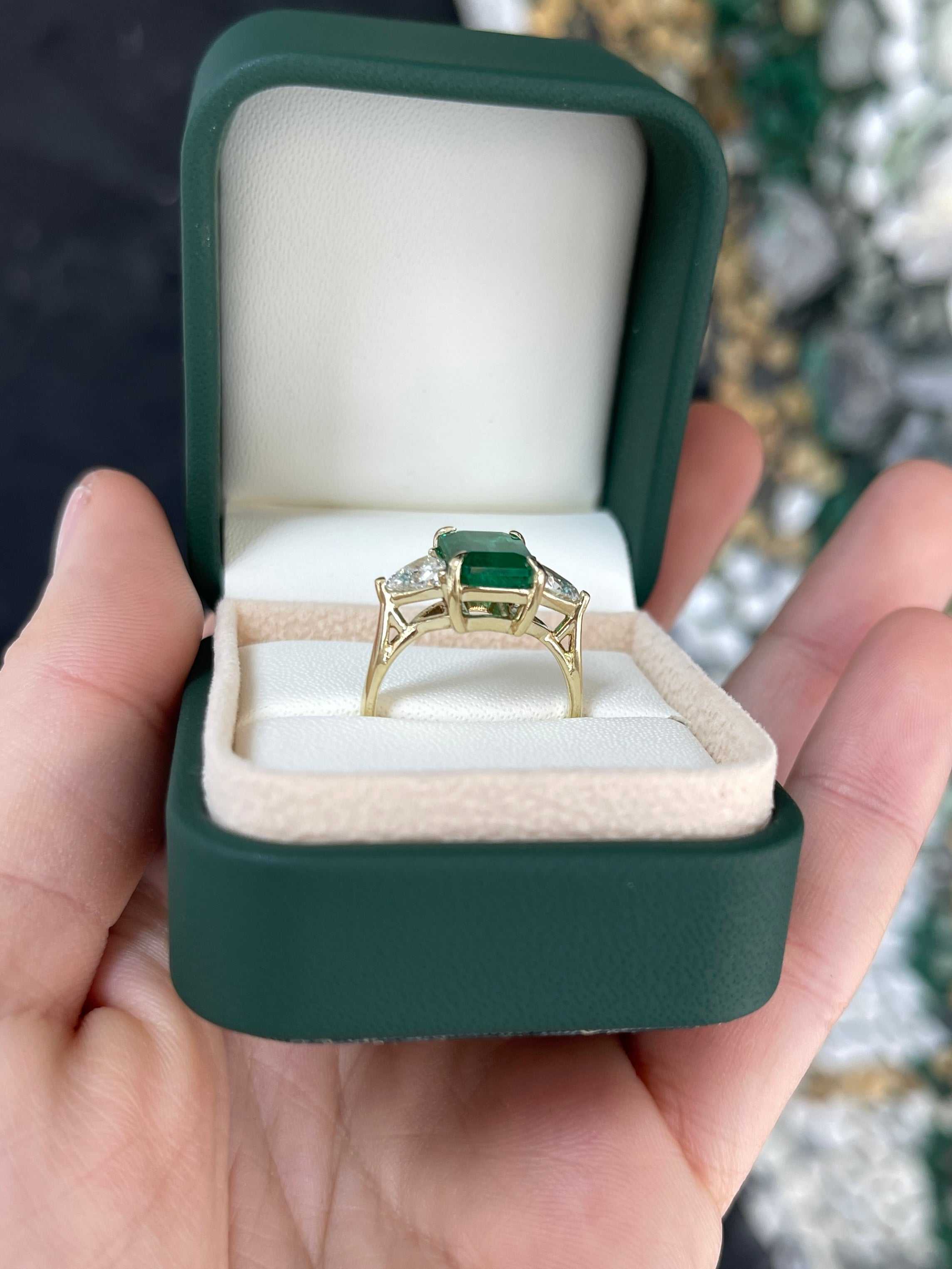 4.11tcw Natural Emerald & Lab Diamond Trillion Three Stone Ring 14K - JR Colombian Emeralds