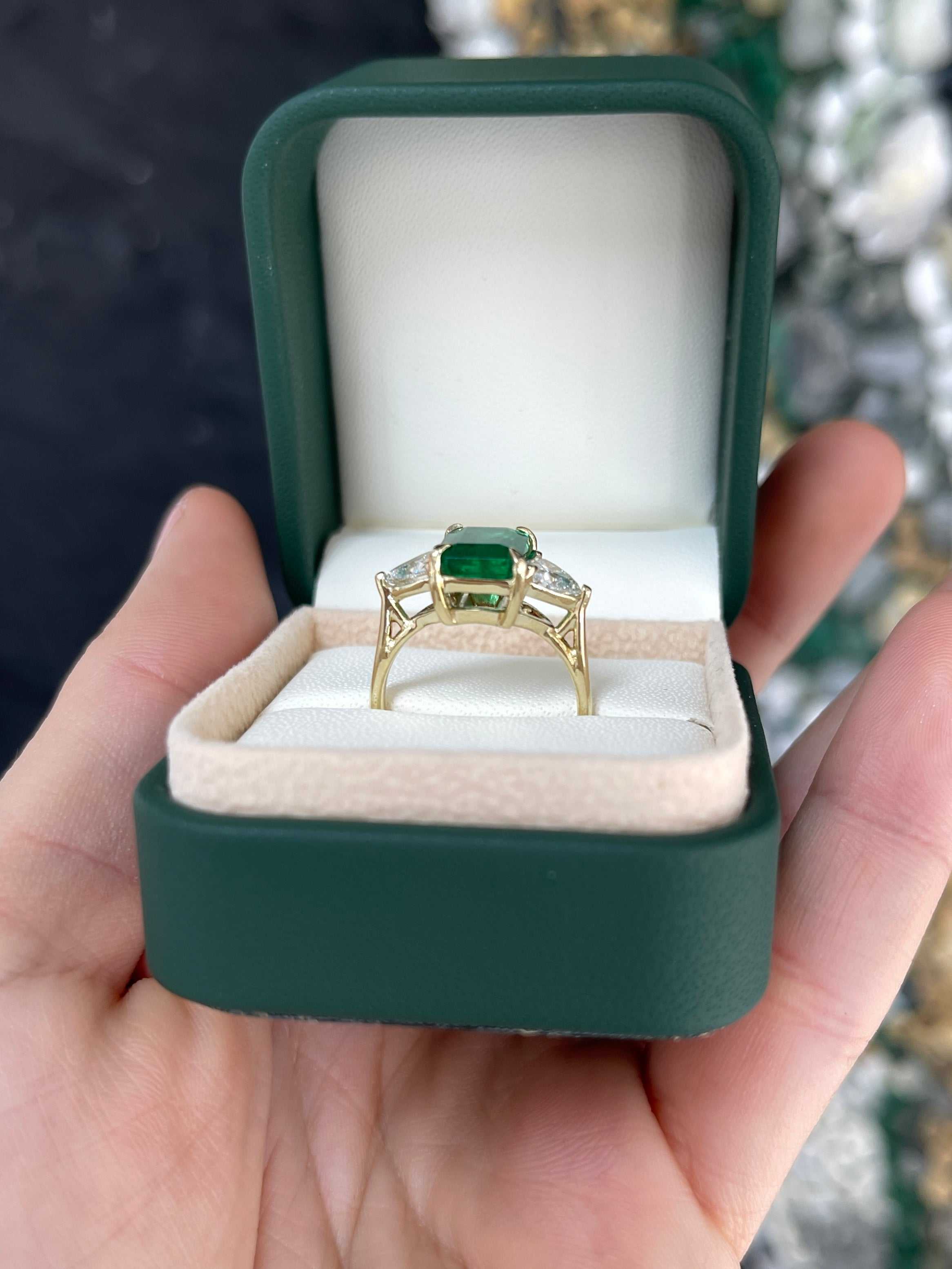 4.11tcw Natural Emerald & Lab Diamond Trillion Three Stone Ring 14K - JR Colombian Emeralds