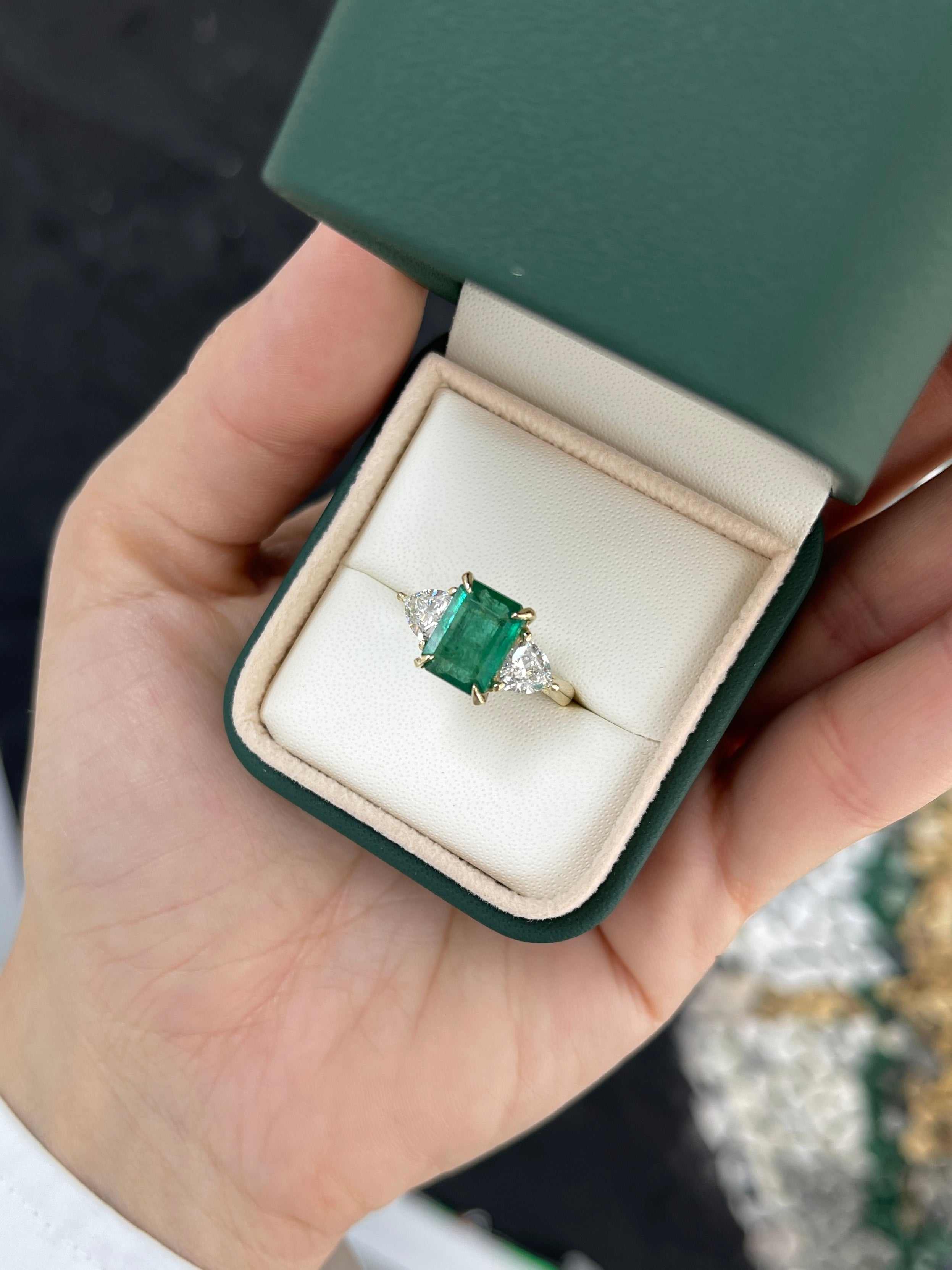4.11tcw Natural Emerald & Lab Diamond Trillion Three Stone Ring 14K - JR Colombian Emeralds