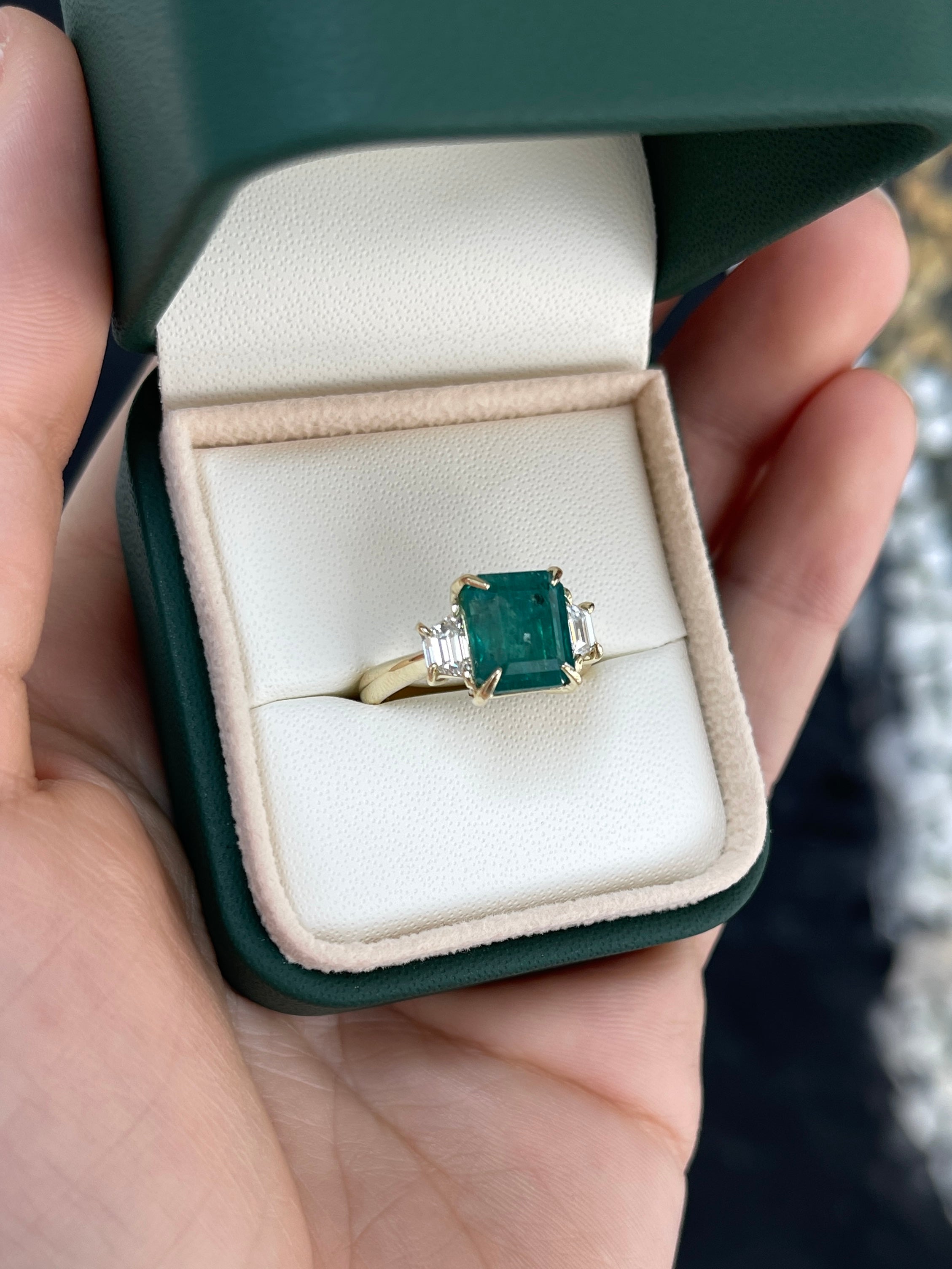 5.03tcw Natural Emerald & Trapezoid Lab Diamond Three Stone Ring 14K
