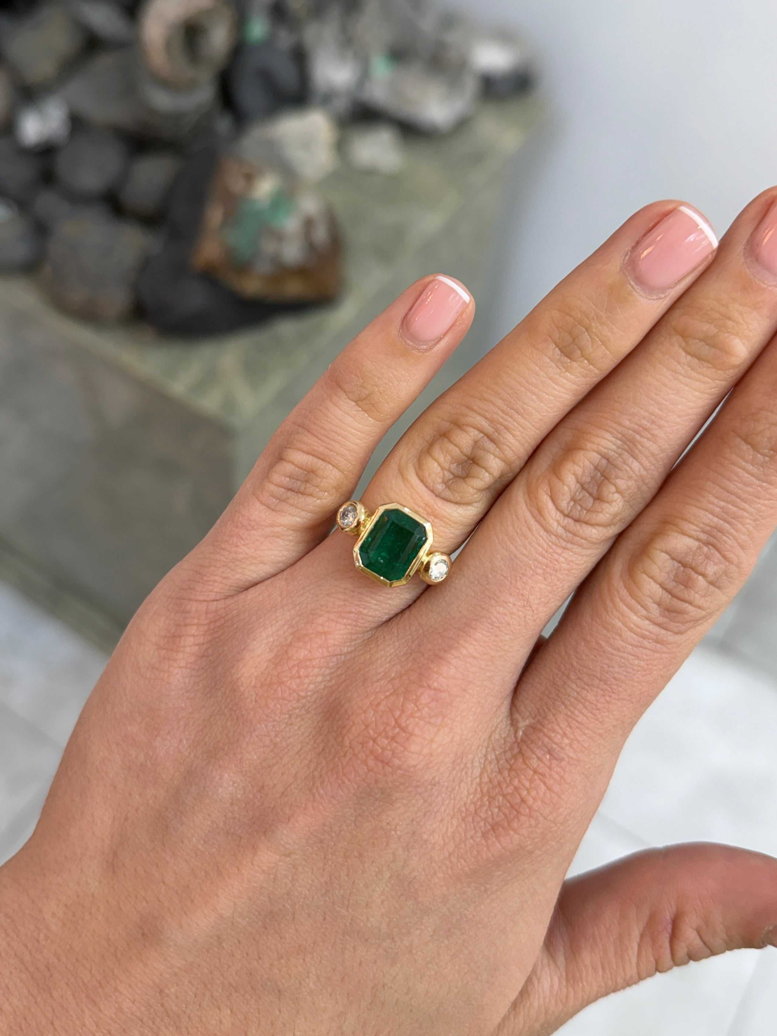4.53tcw Natural Dark Emerald & Round Diamond Three Stone Ring 18K