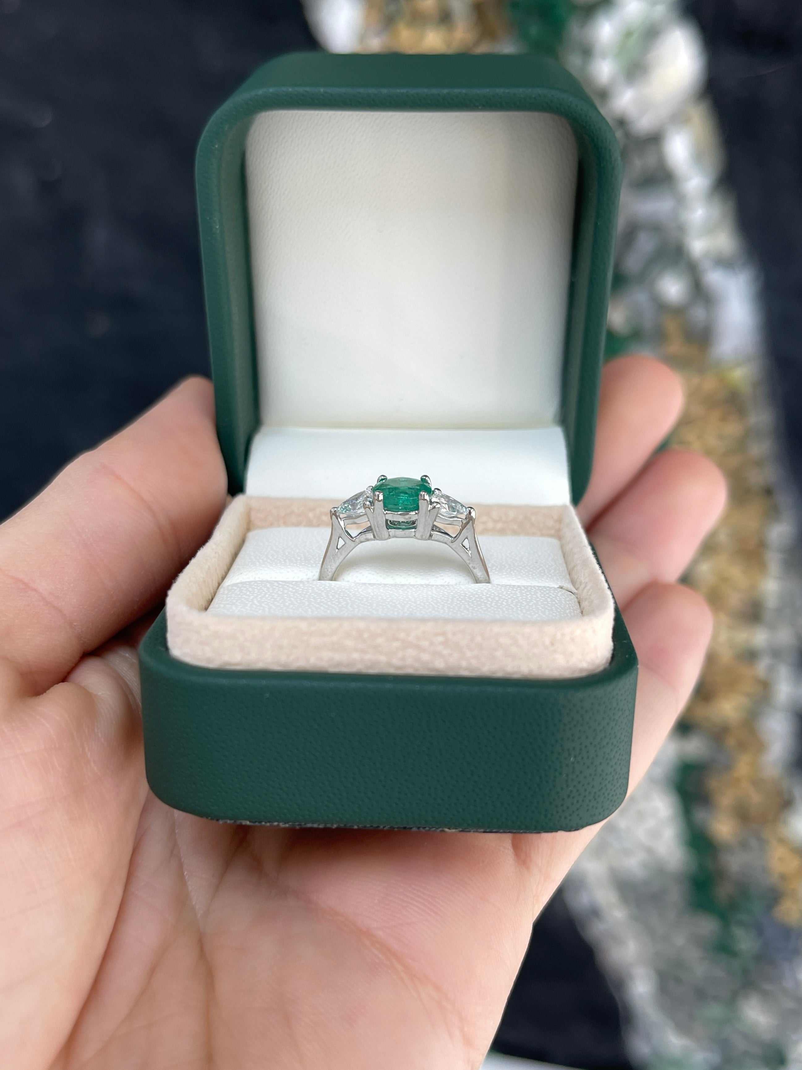 Natural round emerald and trillion lab diamond three-stone ring in 14K gold by JR Colombian Emeralds, featuring sparkling gemstones.