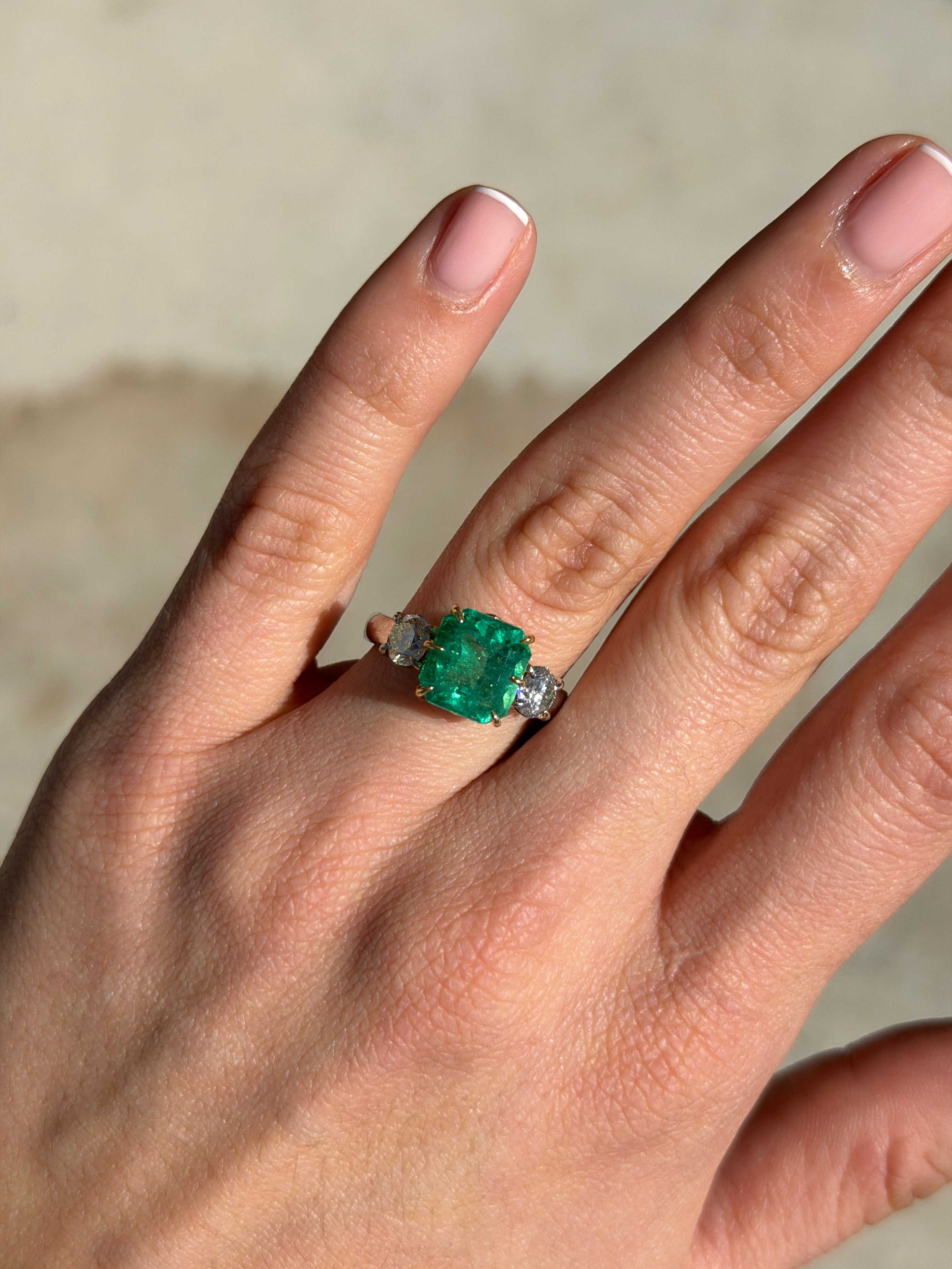5.20tcw 18K Vivid Colombian Emerald Asscher & Diamond Three Stone Ring