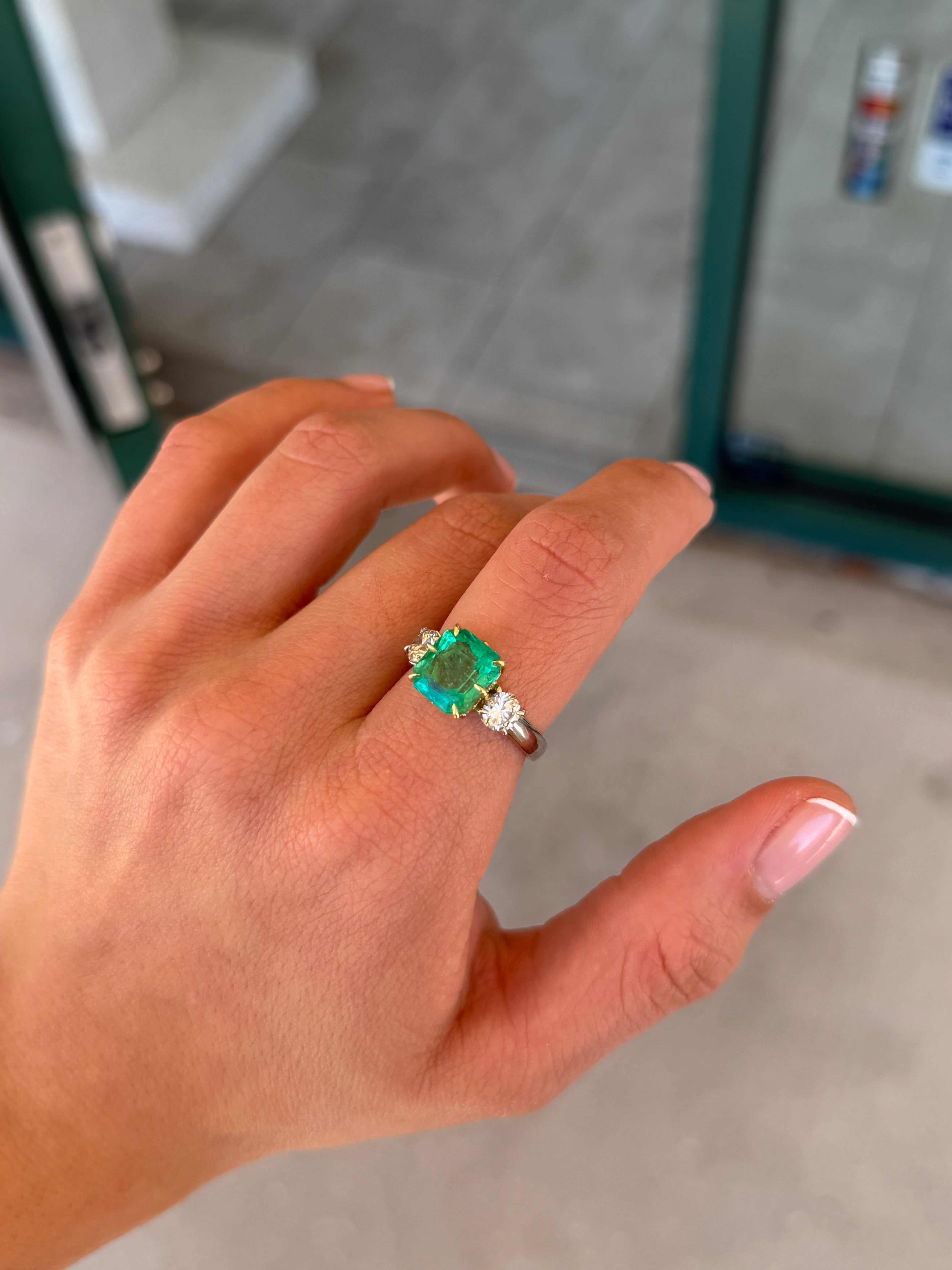 5.20tcw 18K Vivid Colombian Emerald Asscher & Diamond Three Stone Ring