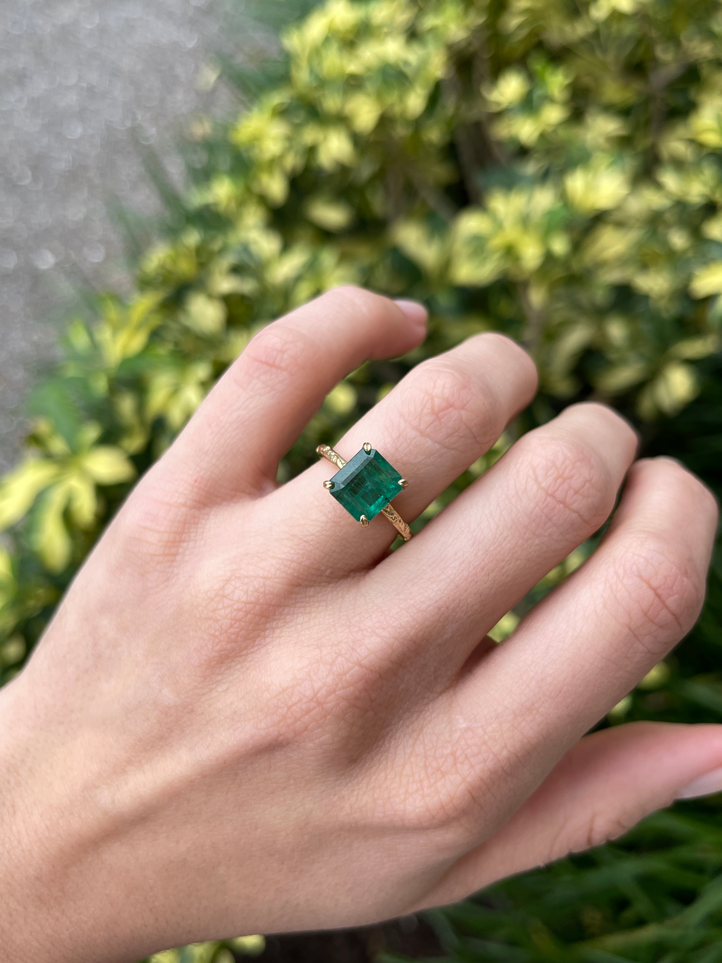2.89ct Asscher Cut Medium Dark Green Emerald Solitaire Floral Carved Ring 14K Gold