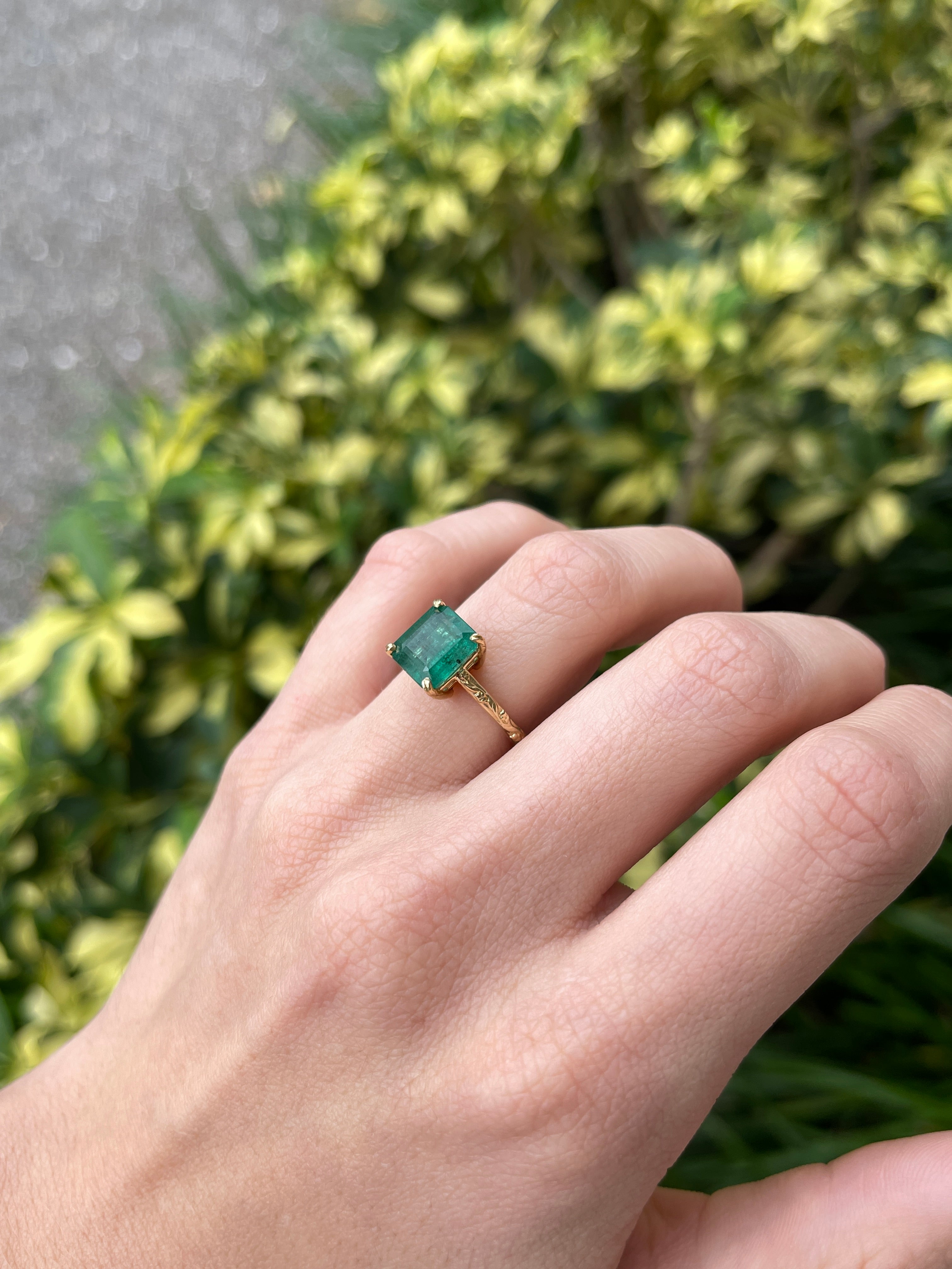 2.89ct Asscher Cut Medium Dark Green Emerald Solitaire Floral Carved Ring 14K Gold