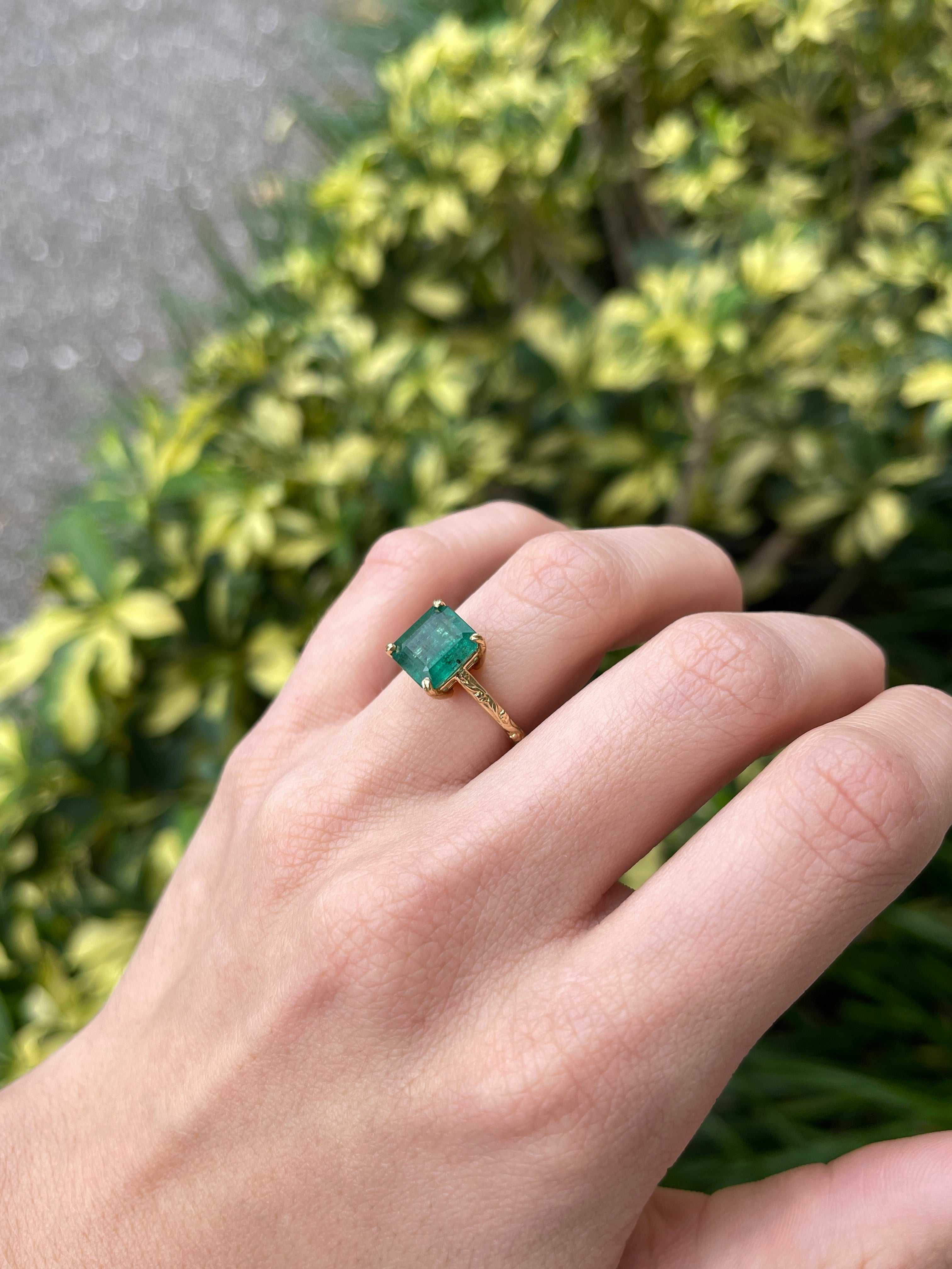 2.89ct Asscher Cut Medium Dark Green Emerald Solitaire Floral Carved Ring 14K Gold - JR Colombian Emeralds