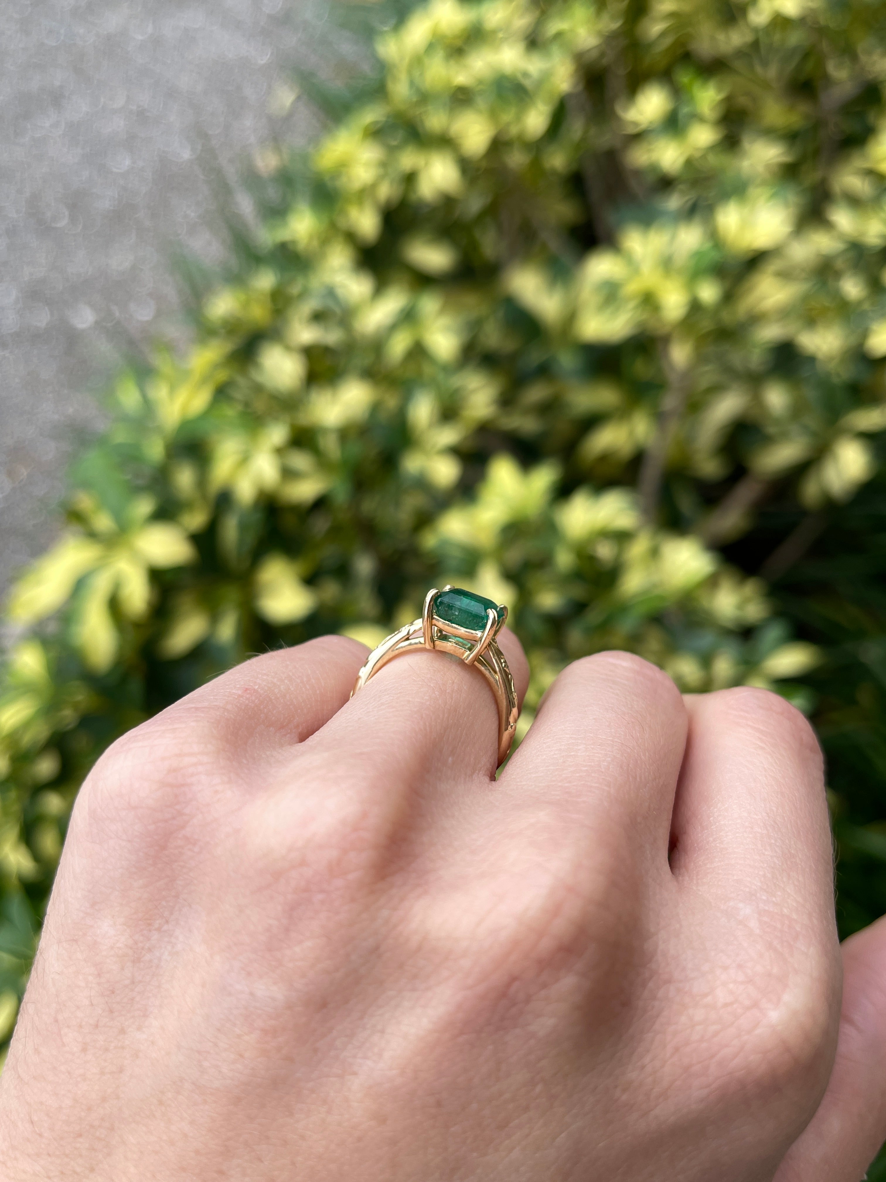 2.89ct Asscher Cut Medium Dark Green Emerald Solitaire Floral Carved Ring 14K Gold