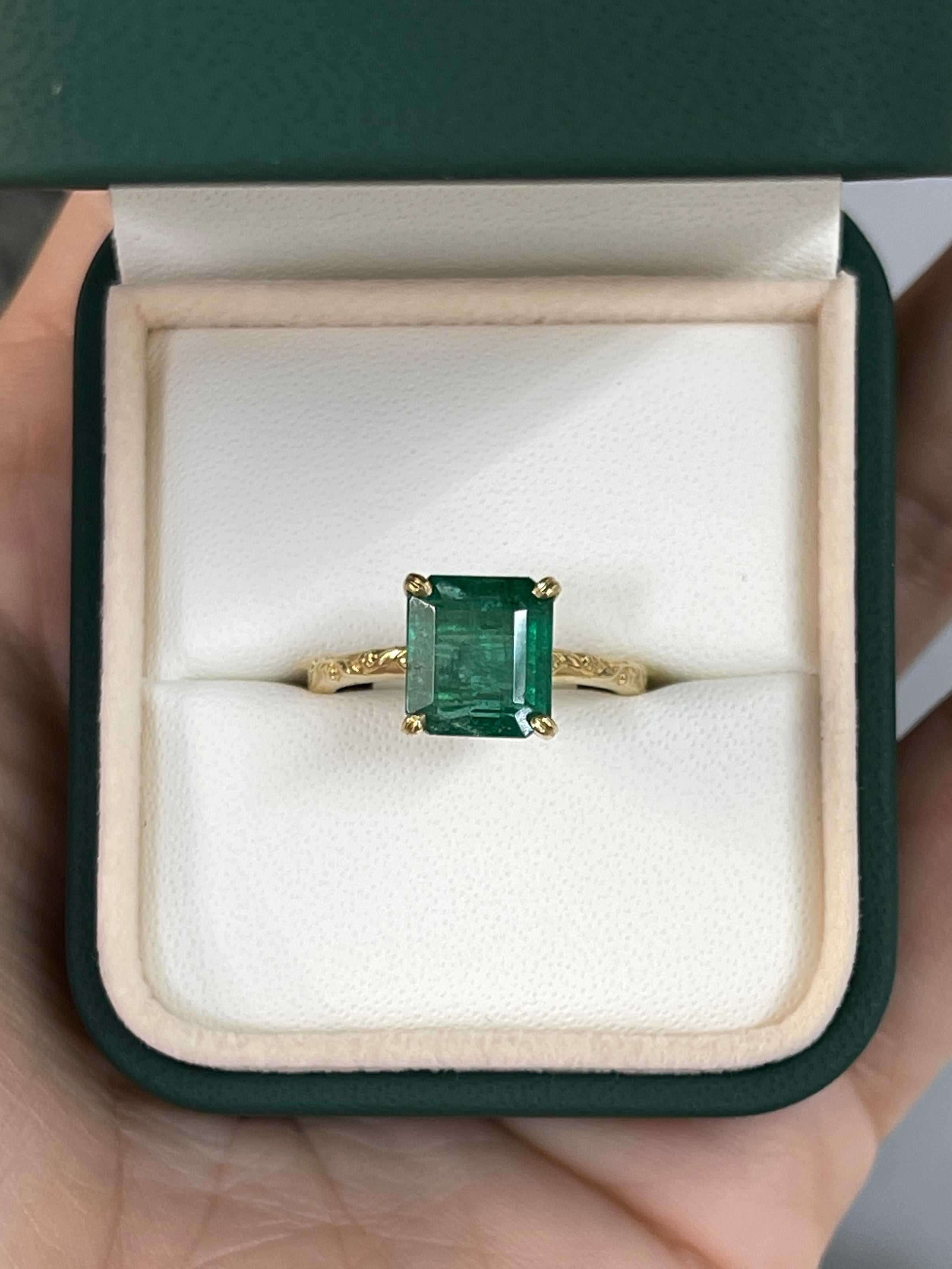 2.89ct Asscher Cut Medium Dark Green Emerald Solitaire Floral Carved Ring 14K Gold - JR Colombian Emeralds