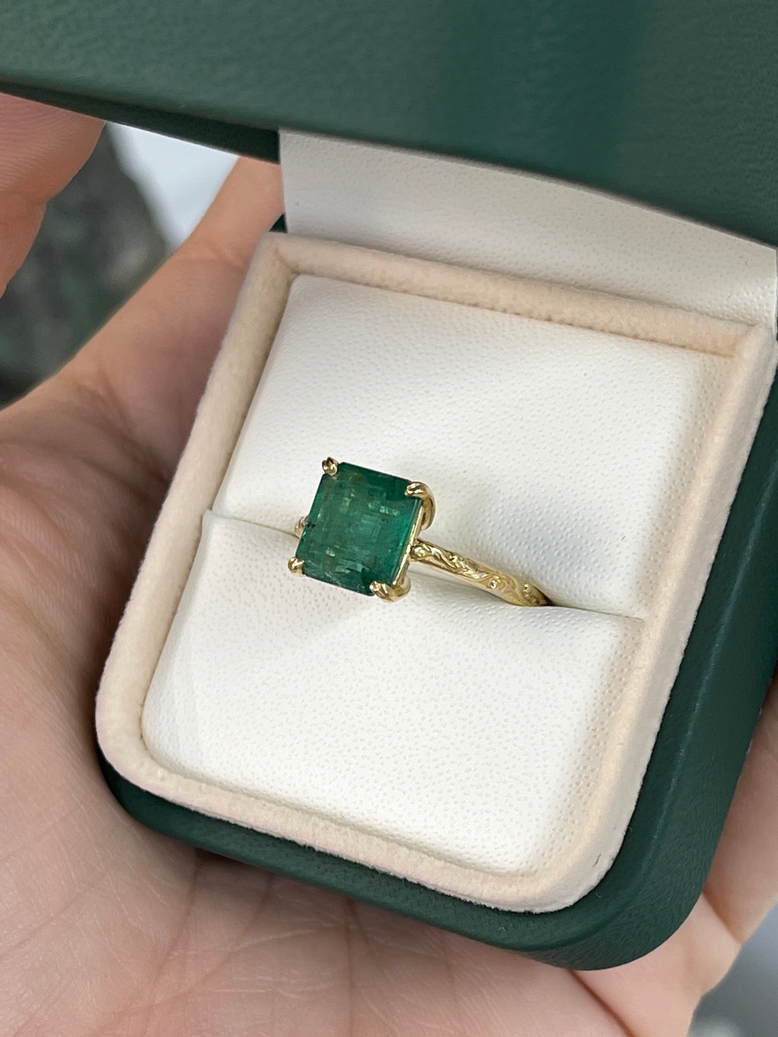 2.89ct Asscher Cut Medium Dark Green Emerald Solitaire Floral Carved Ring 14K Gold