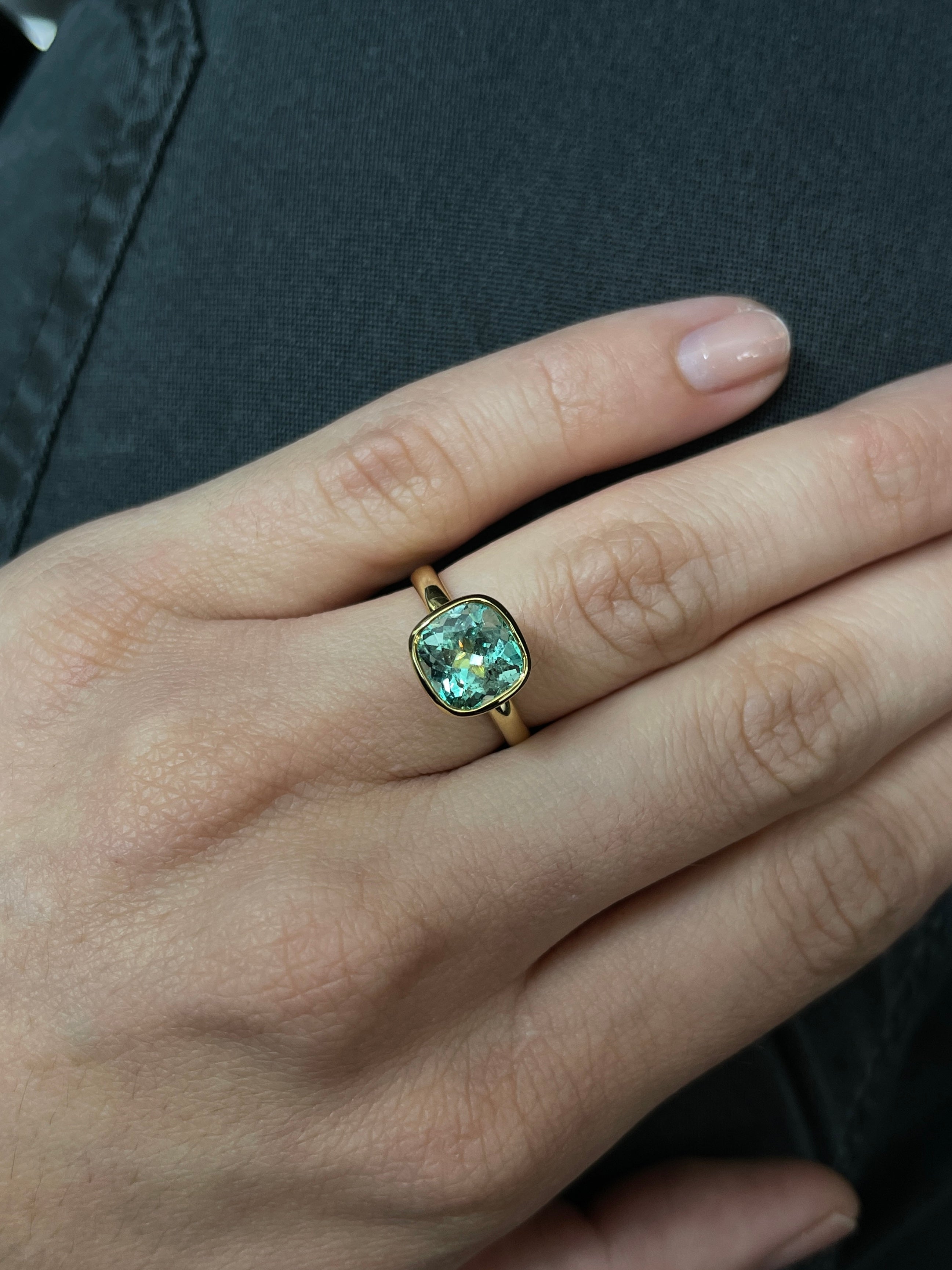 2.88ct 18K Gold Bezel Set Cushion Cut Emerald Ring Mint Green Gemstone