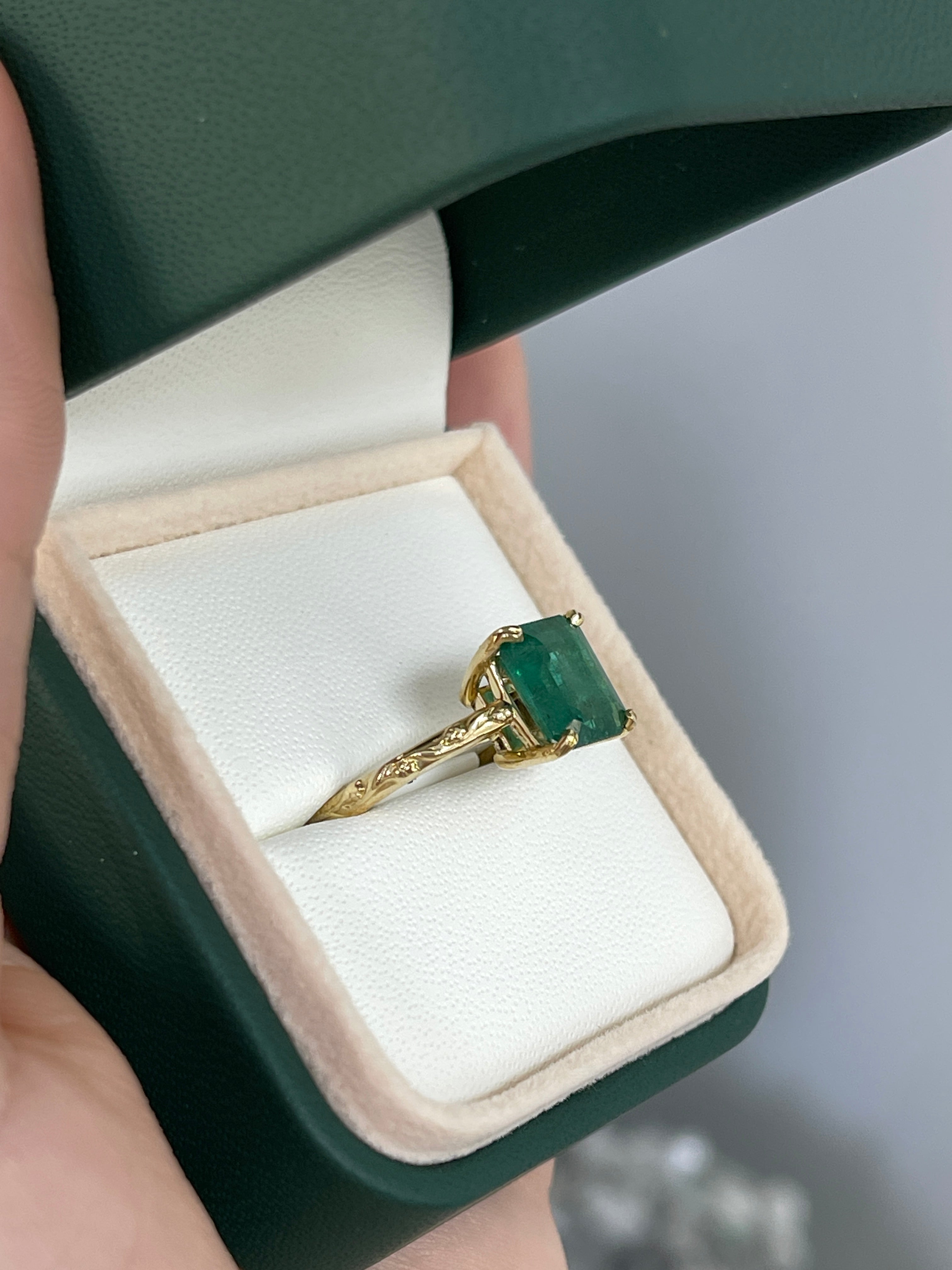 2.89ct Asscher Cut Medium Dark Green Emerald Solitaire Floral Carved Ring 14K Gold