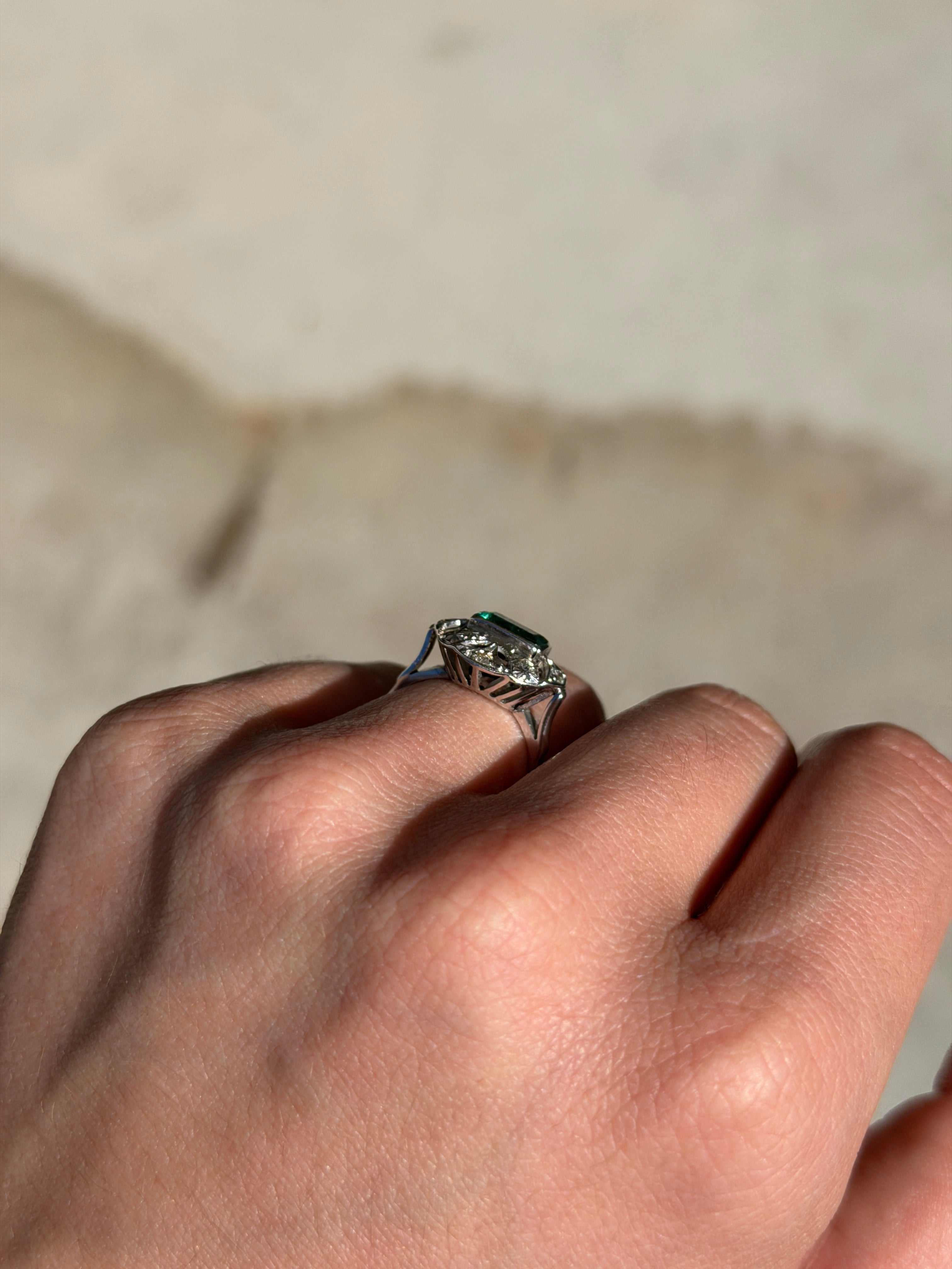 2.07tcw 14K Vintage Art Deco Colombian Emerald & Single Cut Diamond Floral Ring