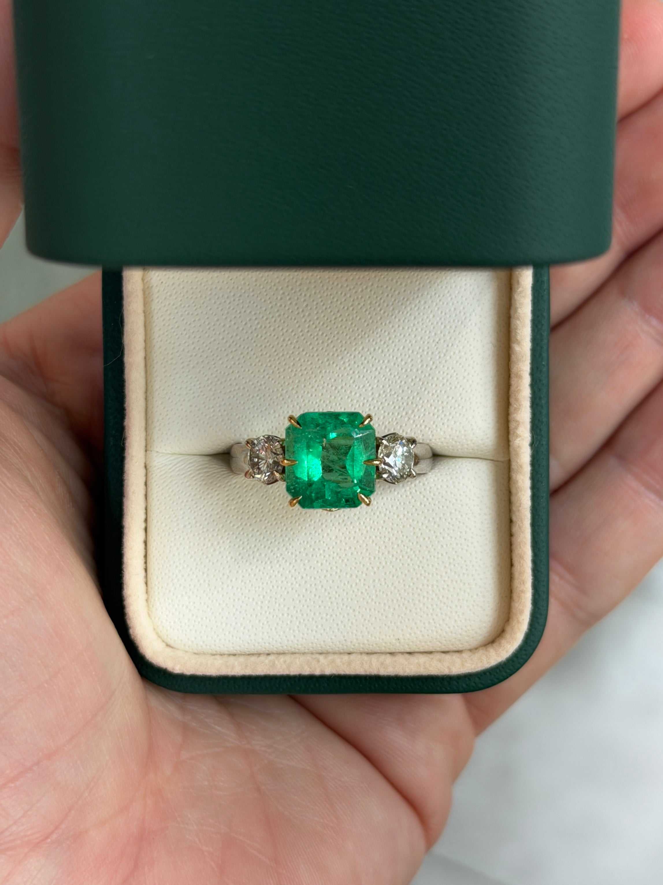 5.20tcw 18K Vivid Colombian Emerald Asscher & Diamond Three Stone Ring