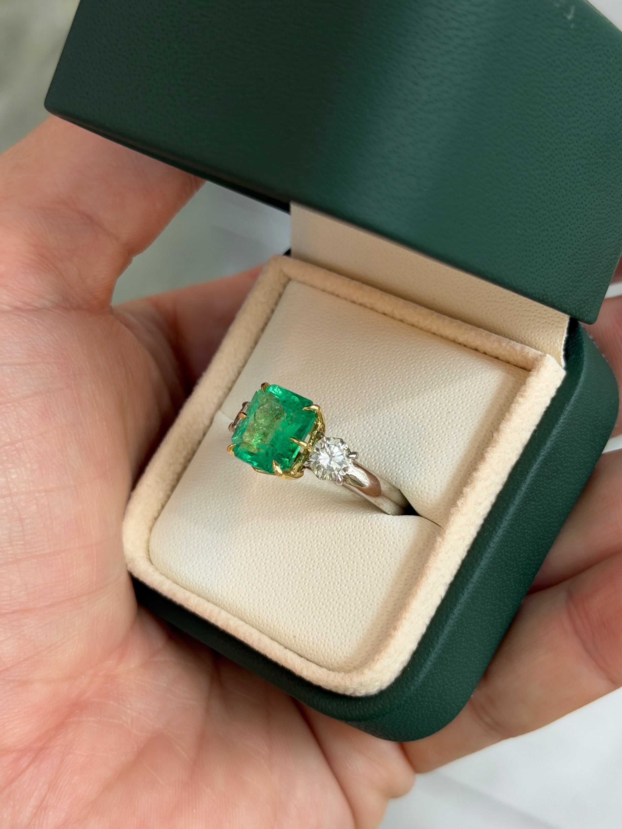 5.20tcw 18K Vivid Colombian Emerald Asscher & Diamond Three Stone Ring