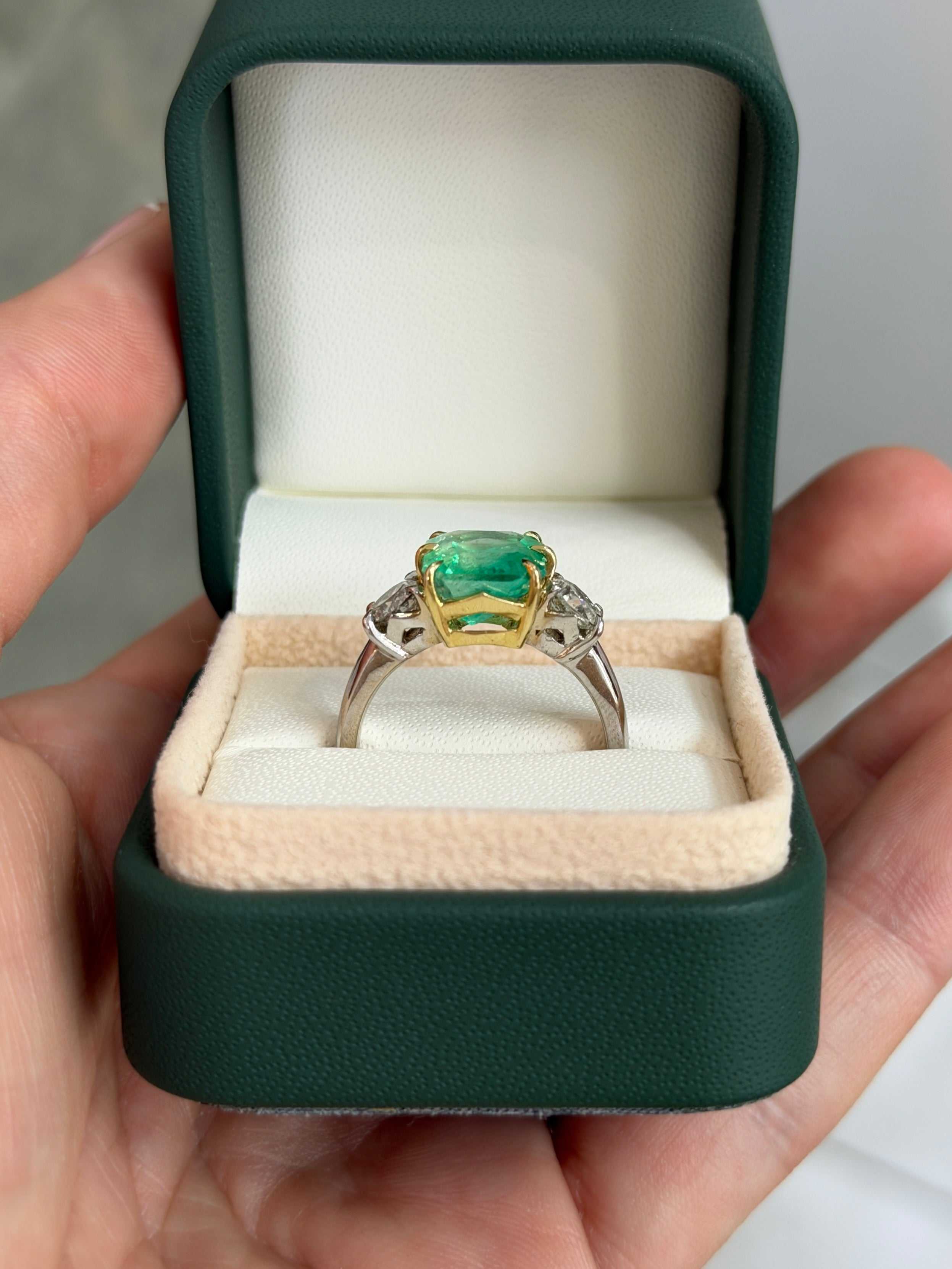 5.20tcw 18K Vivid Colombian Emerald Asscher & Diamond Three Stone Ring