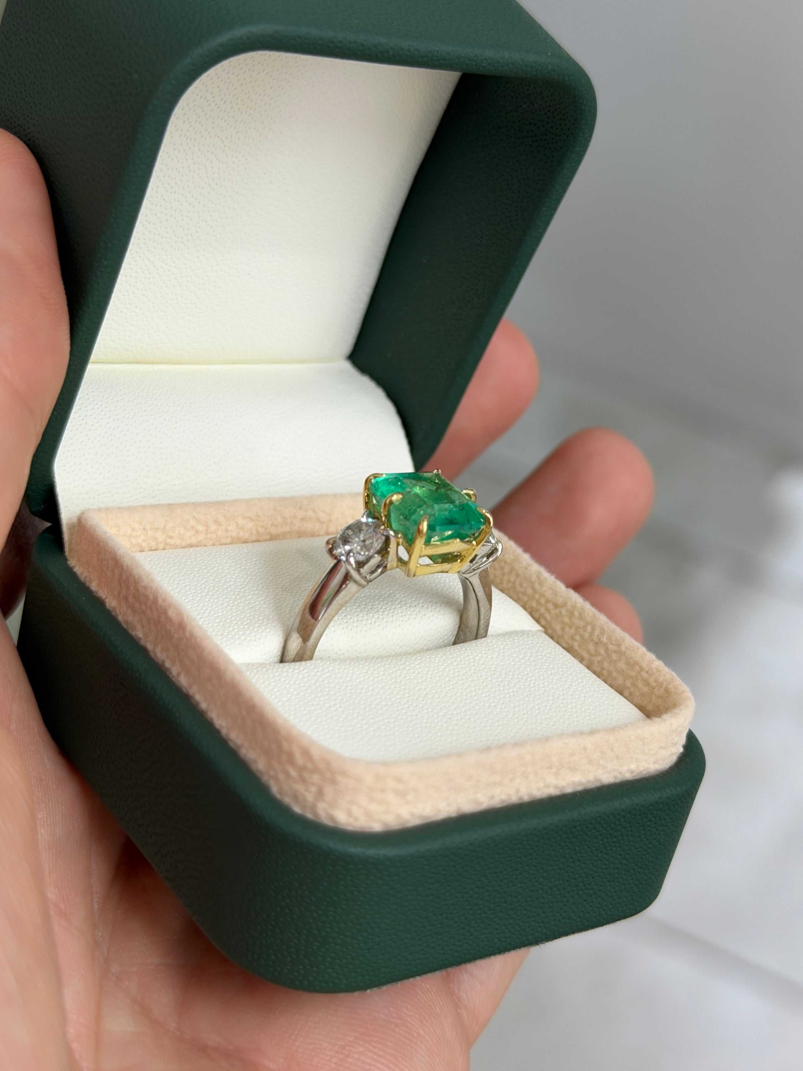 5.20tcw 18K Vivid Colombian Emerald Asscher & Diamond Three Stone Ring