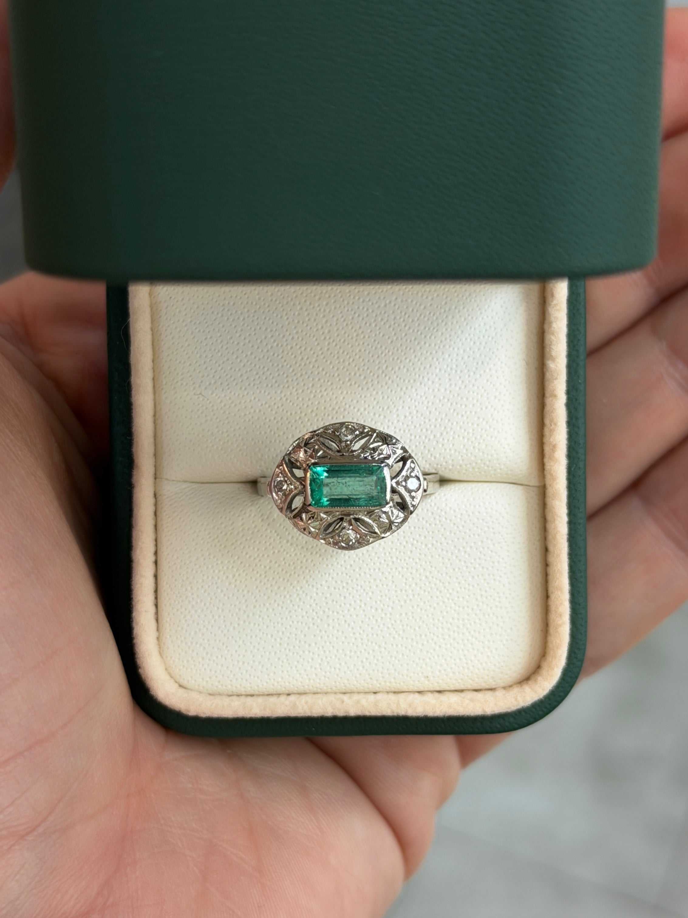 2.07tcw 14K Vintage Art Deco Colombian Emerald & Single Cut Diamond Floral Ring