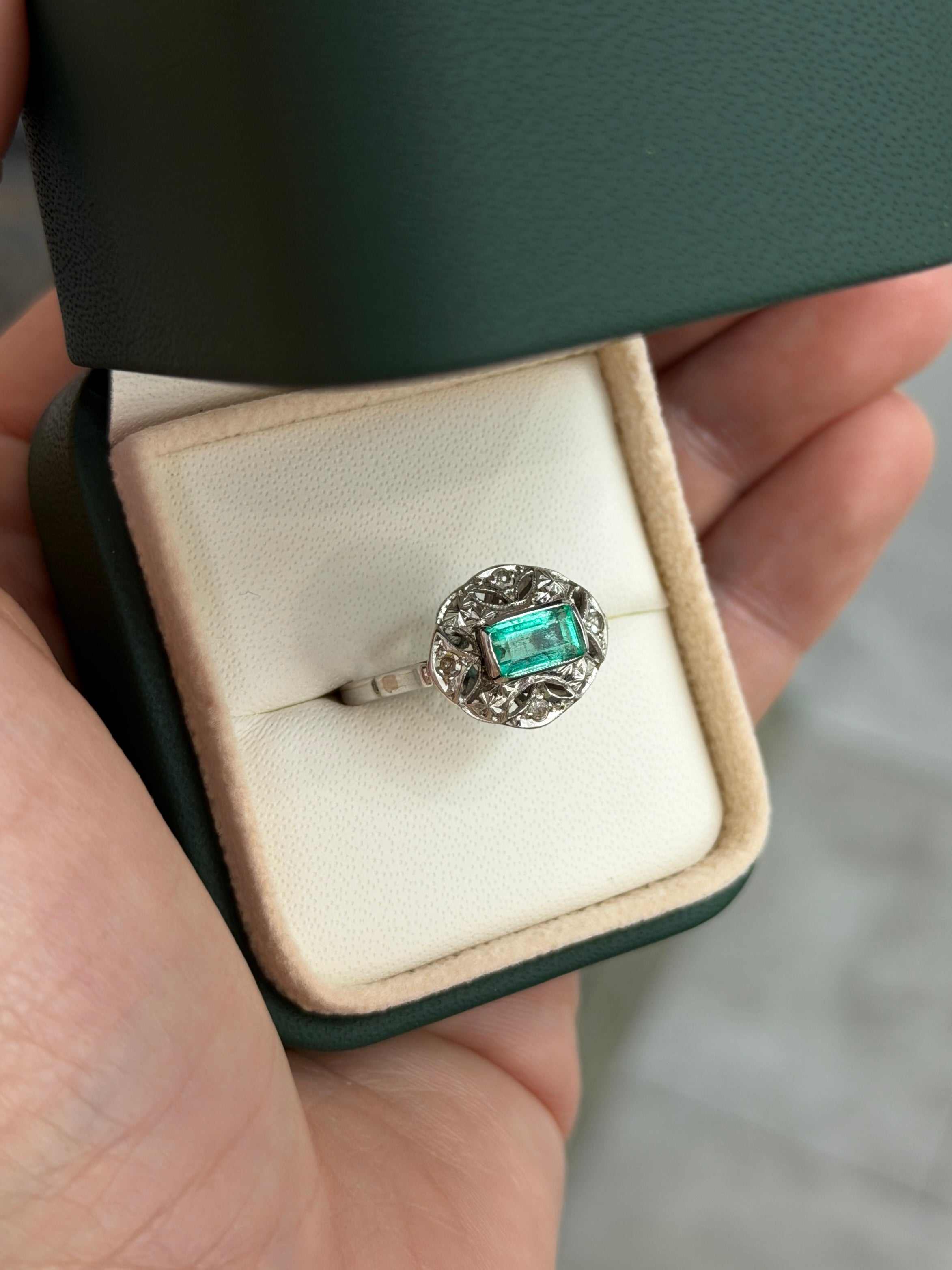 2.07tcw 14K Vintage Art Deco Colombian Emerald & Single Cut Diamond Floral Ring