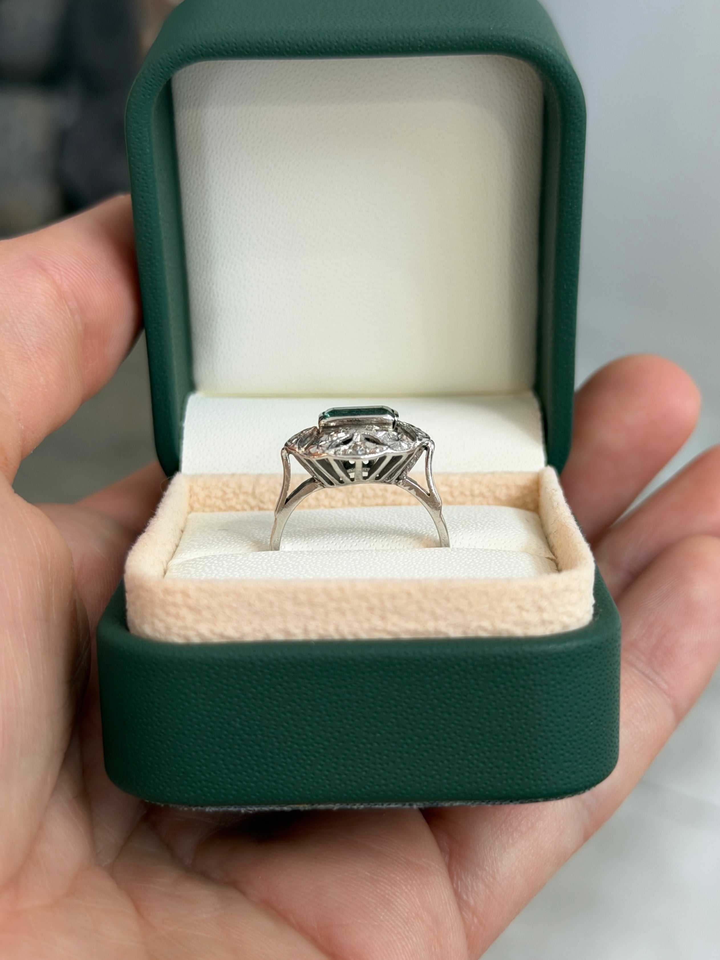 2.07tcw 14K Vintage Art Deco Colombian Emerald & Single Cut Diamond Floral Ring